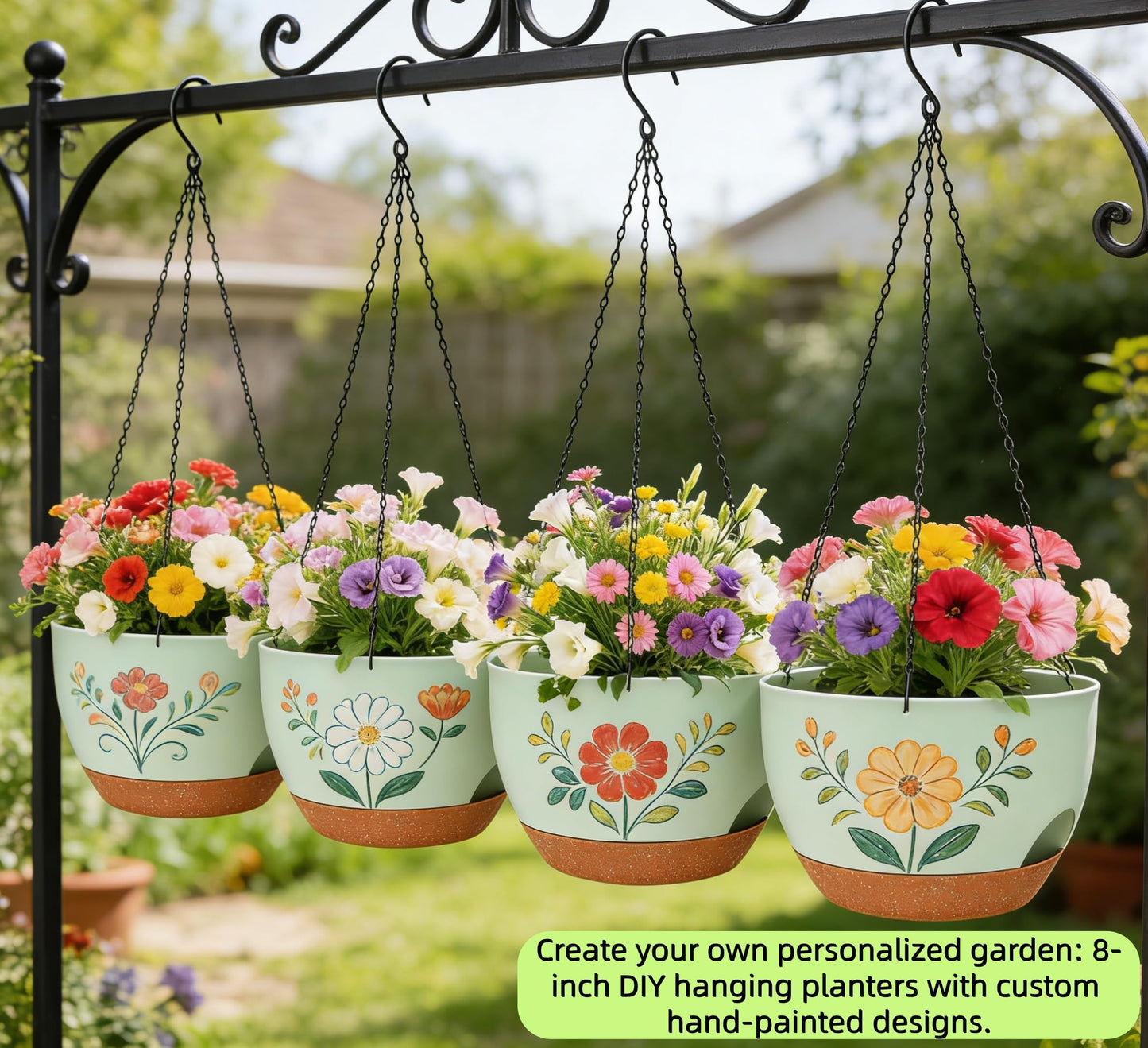 zople Set of 2-8 Inch Self Watering Hanging Planters for Indoor Outdoor，Hanging Plant Pots with Drainage & Removable Tray, Hanging Pots Holder for Ivy, Pothos, Ferns, Balcony & Patio, Green Brown