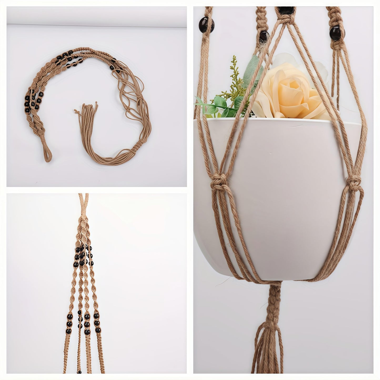 2 PCS Macrame Plant Hangers Indoor Outdoor Jute Hanging Planter Baskets with Wood Beads Handwoven Decorative Flower Pot Holders Boho Home Decor, 47" Beads Style+35" Simple Style (POTS NOT Included)