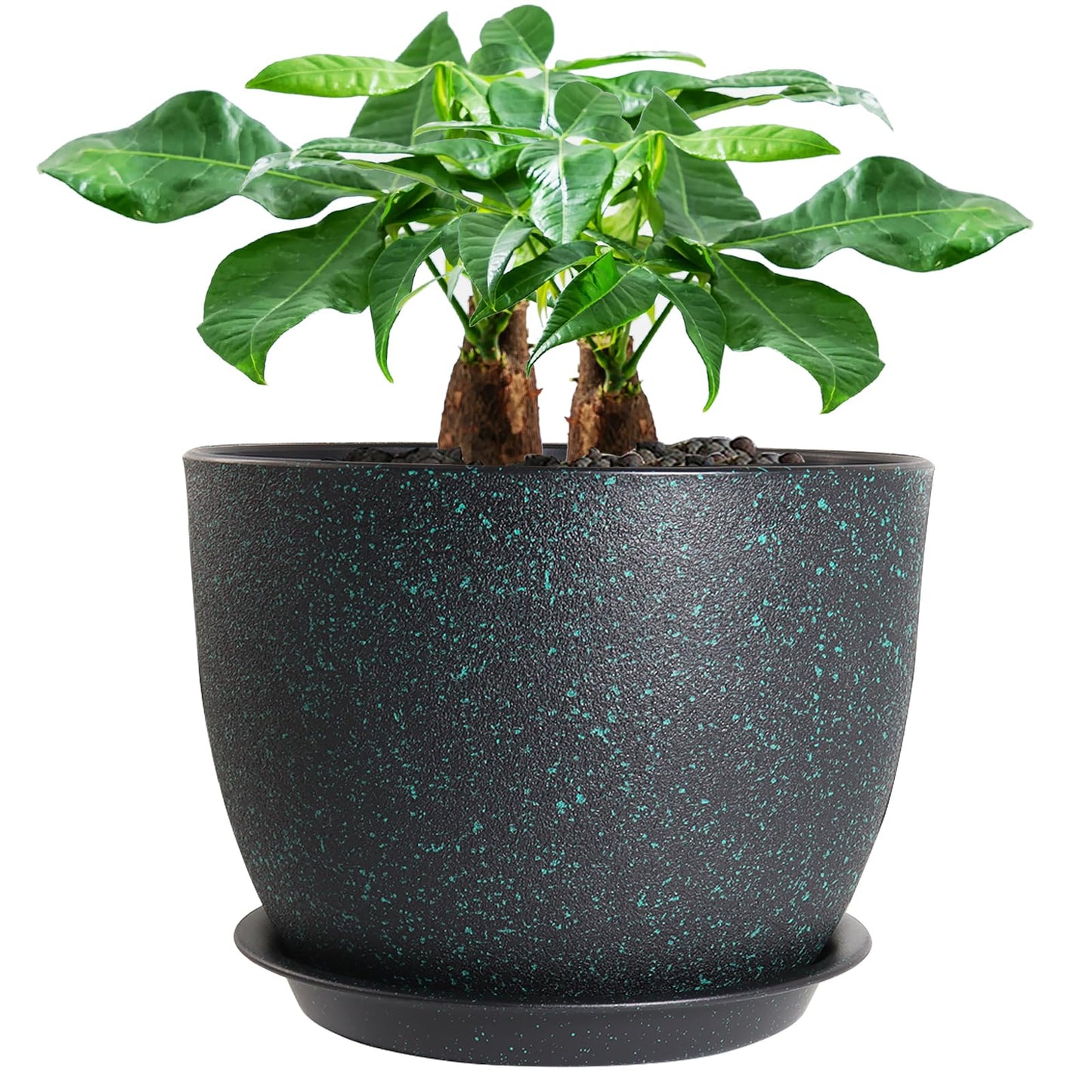 UOUZ 12inch Large Plant Pot, Modern Plastic Planter with High Driange Holes and Saucer for Indoor Outdoor Garden Plants and Flowers, Black with Green Speckles