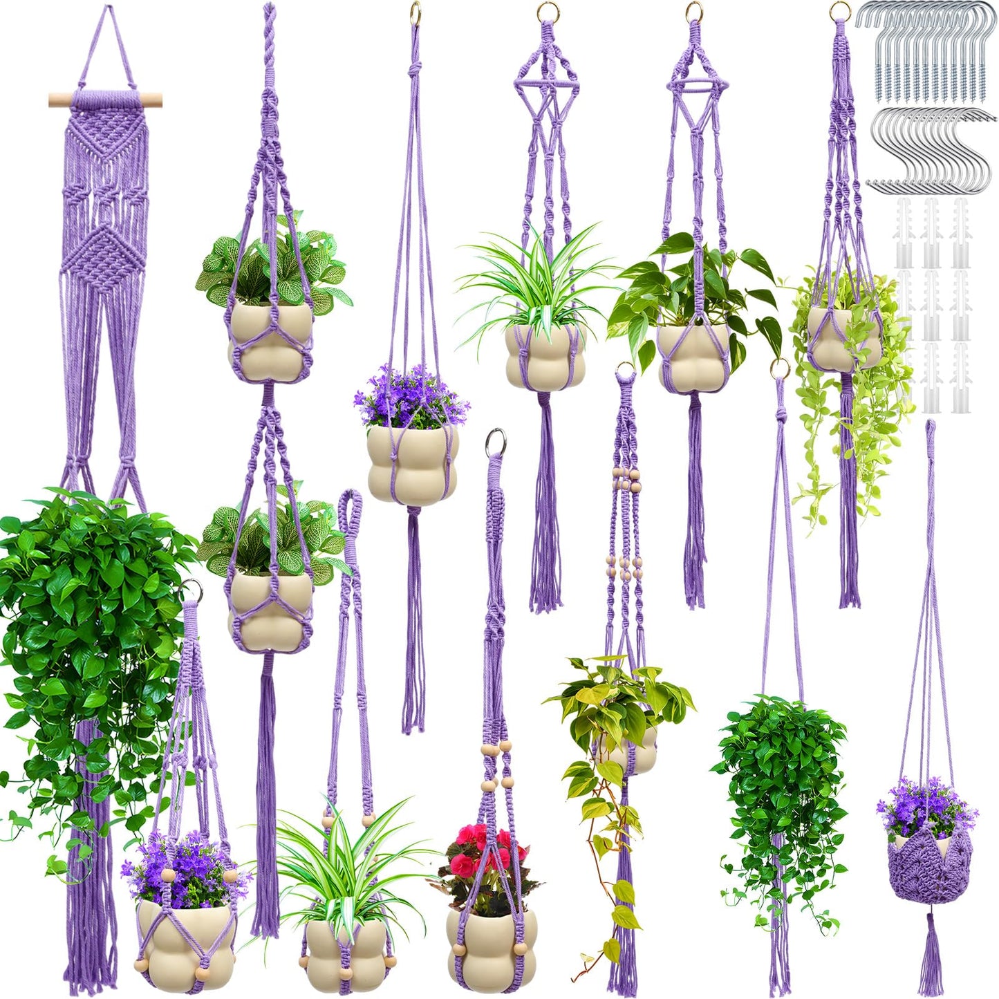 Hoteam 12 Pcs Macrame Plant Hangers Macrame Hanging Planters for Indoor Plants Handmade Boho Hanging Baskets Flower Pots Holder for Outdoor Home Wall Decor (Purple)