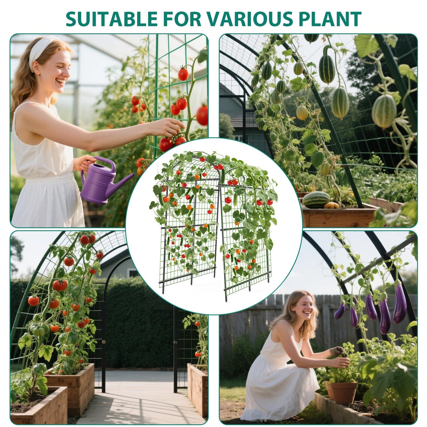 GarveeLife 7.5FT Metal Garden Arch Trellis with Netting, Adjustable 35"–45" Arbor for Climbing Plants, Roses, Grapes & Vegetables, Weatherproof Steel Pergola with Ground Clips, Easy Fold-Out Assembly
