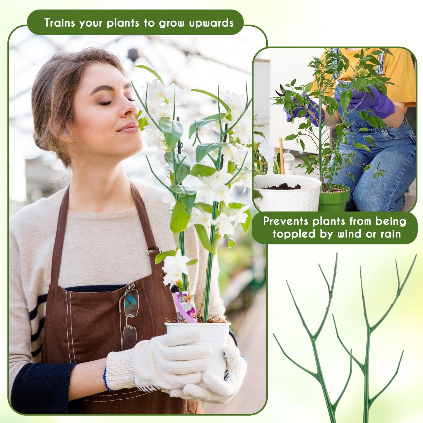 Cinnvoice 6 Pack 39.37" Stackable Plant Support Stakes Plant Support for Indoor Outdoor Green Twig Plant Sticks with Extension Poles Plastic Branch Trellis for Climbing Potted Flower Monstera