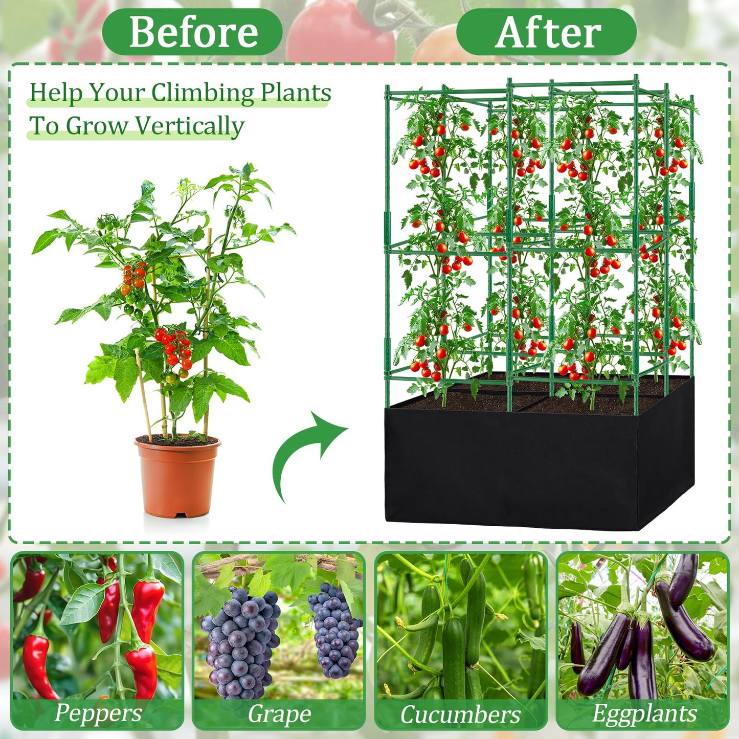 Tomato Cages, Square Tomato Plant Stakes Support Cages Trellis for Garden Climbing Cucumber, Vegetables, Flowers, Fruits with 30 Gallon Grow Bags