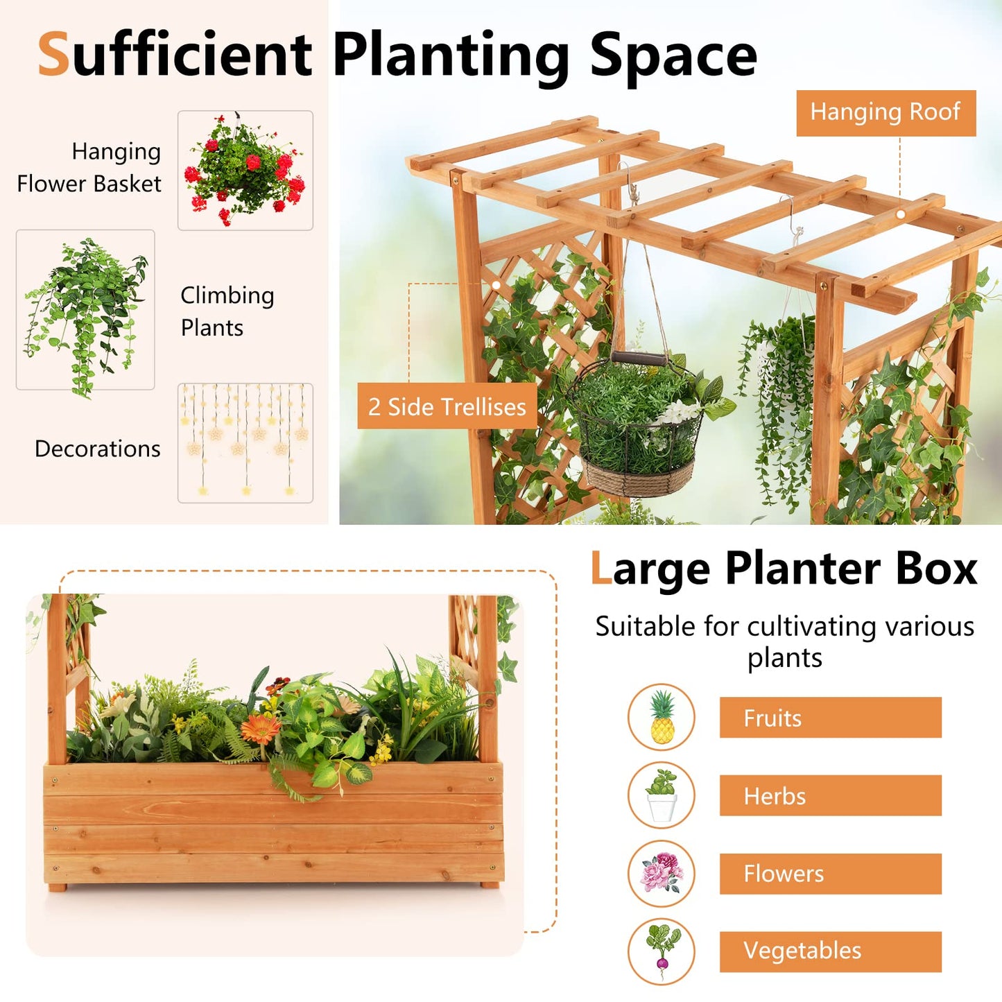 LDAILY Raised Garden Bed with Trellis, Above Ground Garden Bed with Hanging Roof, Side Trellis, & 4 Drainage Holes, Planter Box for Outdoor Climbing Plants Vines Flowers (1, 43.5"L x 17.5"W x 44.5"H)