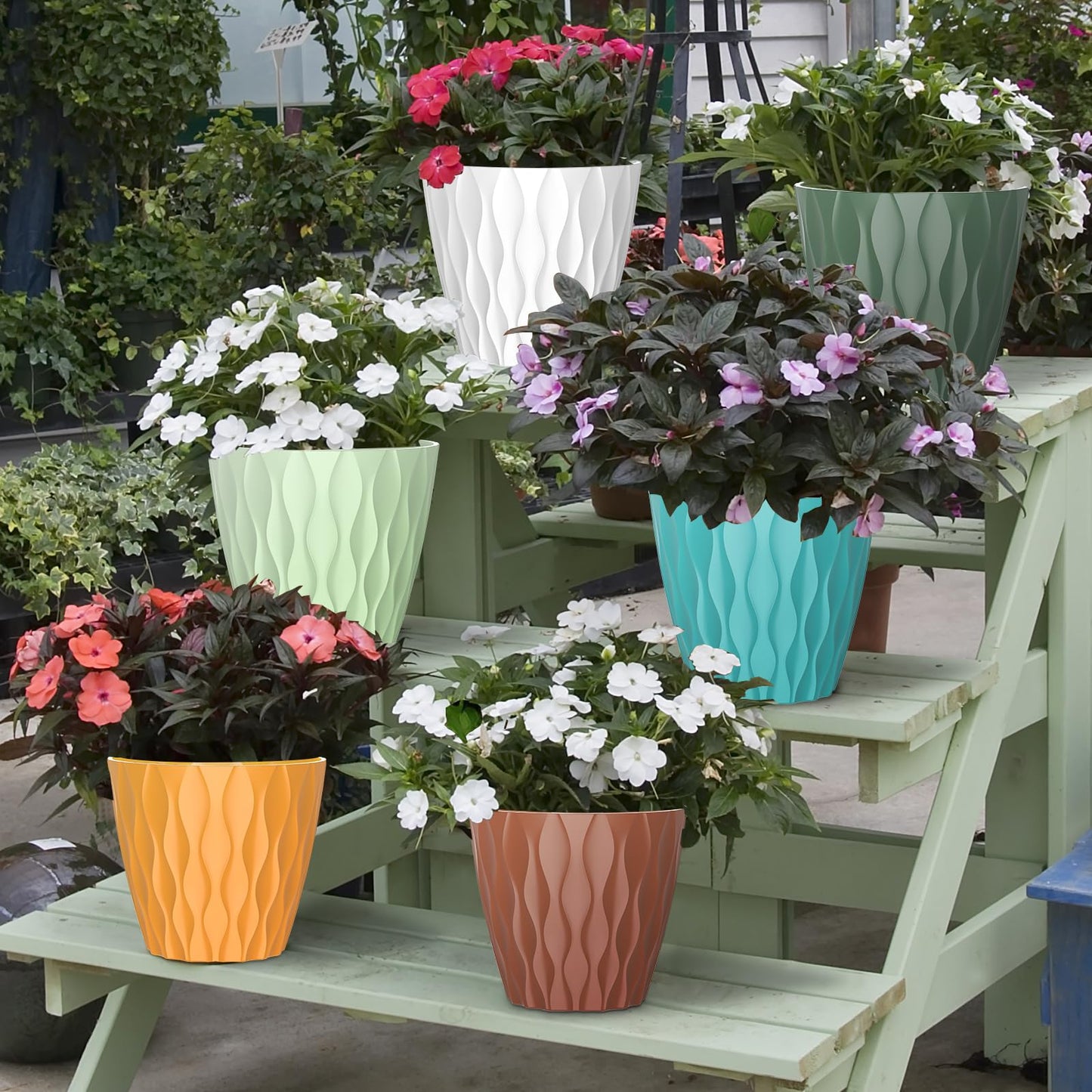 GDJUQZ 6 Pack 7 Inch Indoor Plant Pots with Drainage Holes, Outdoor Plastic Decorative Flower Pots, Garden Planters with Tray Saucers for Orchids, Violets, Succulents, Herbs, and Other Plants
