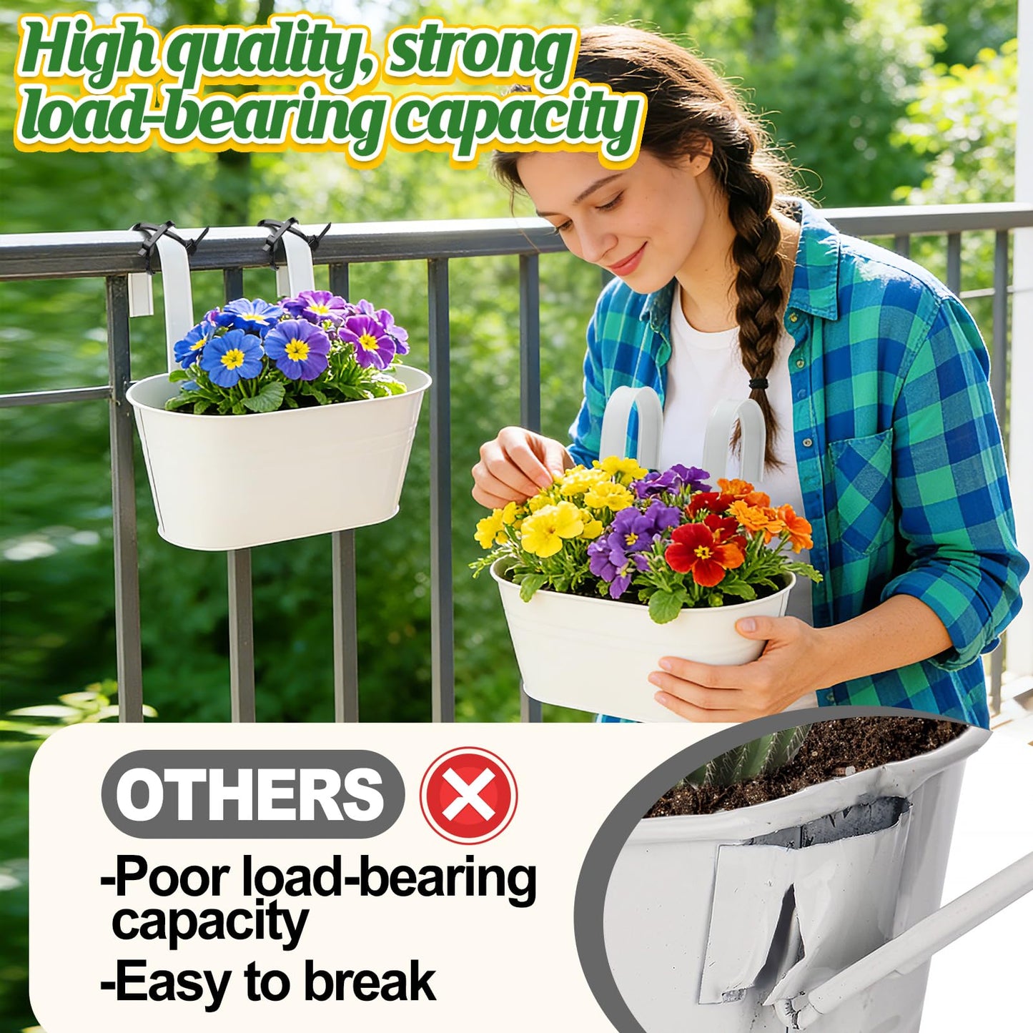 MADHOLLY Railing Planter with Drainage Holes - Sturdy Bucket Pots for Railing Fence, Countryside Style Metal Flower Pots for Herbs Balcony Garden Yard Decor, 2Pcs, White