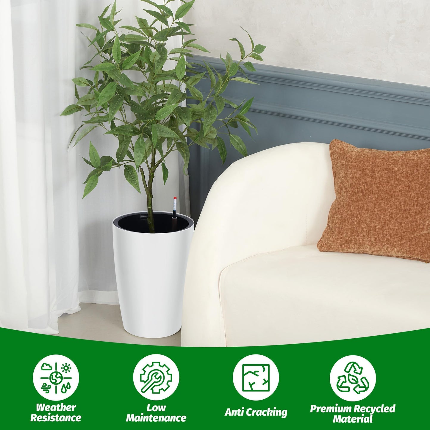 16" Tall Planter Set of 4, Self Watering Pots, Large Planter for Indoor Outdoor Plants, Built-in Drainage and a Water Level Monitor, Tall Planters for Patio, Porch, Living Room, Home Office, White