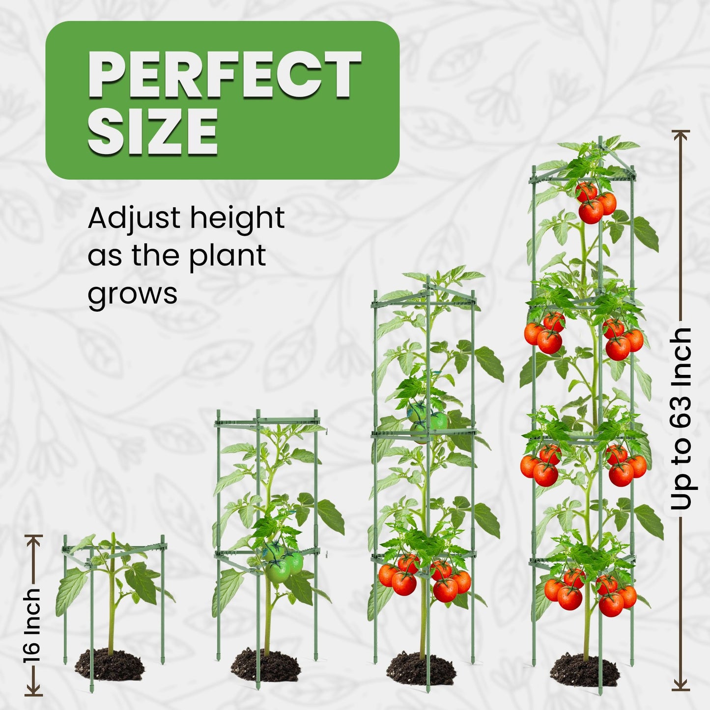 Tomato Cage Premium - Large Trellis Stakes and Plant Support Structures for Vegetables and Climbing Plants - Tall Tomato Cages for Garden, Pots, Raised Garden Bed Outdoor (1 Pack - Up to 63")