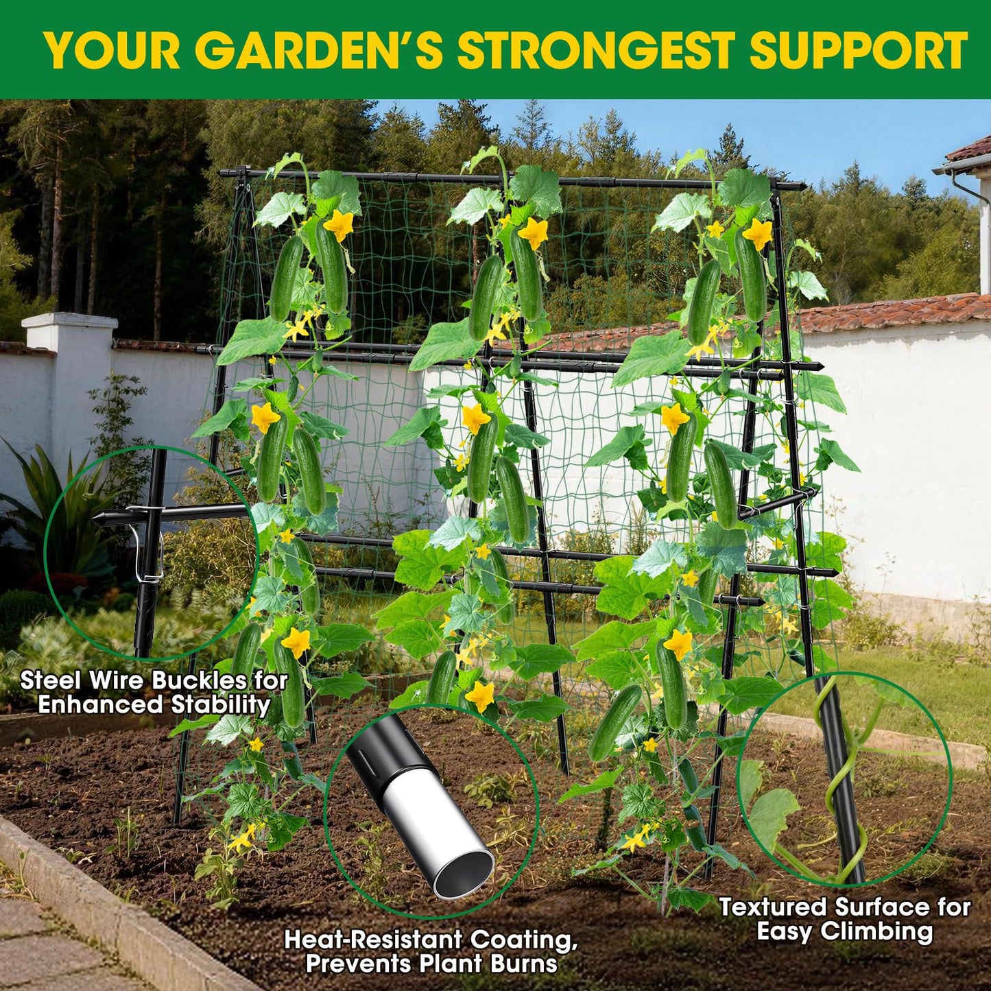 Cucumber Trellis, 47''X47'' A-Frame Cucumber Trellis for Raised Bed with Climbing Net, Metal Garden Trellis for Climbing Plants for Cucumber,Tomato, Grapes and Flowers