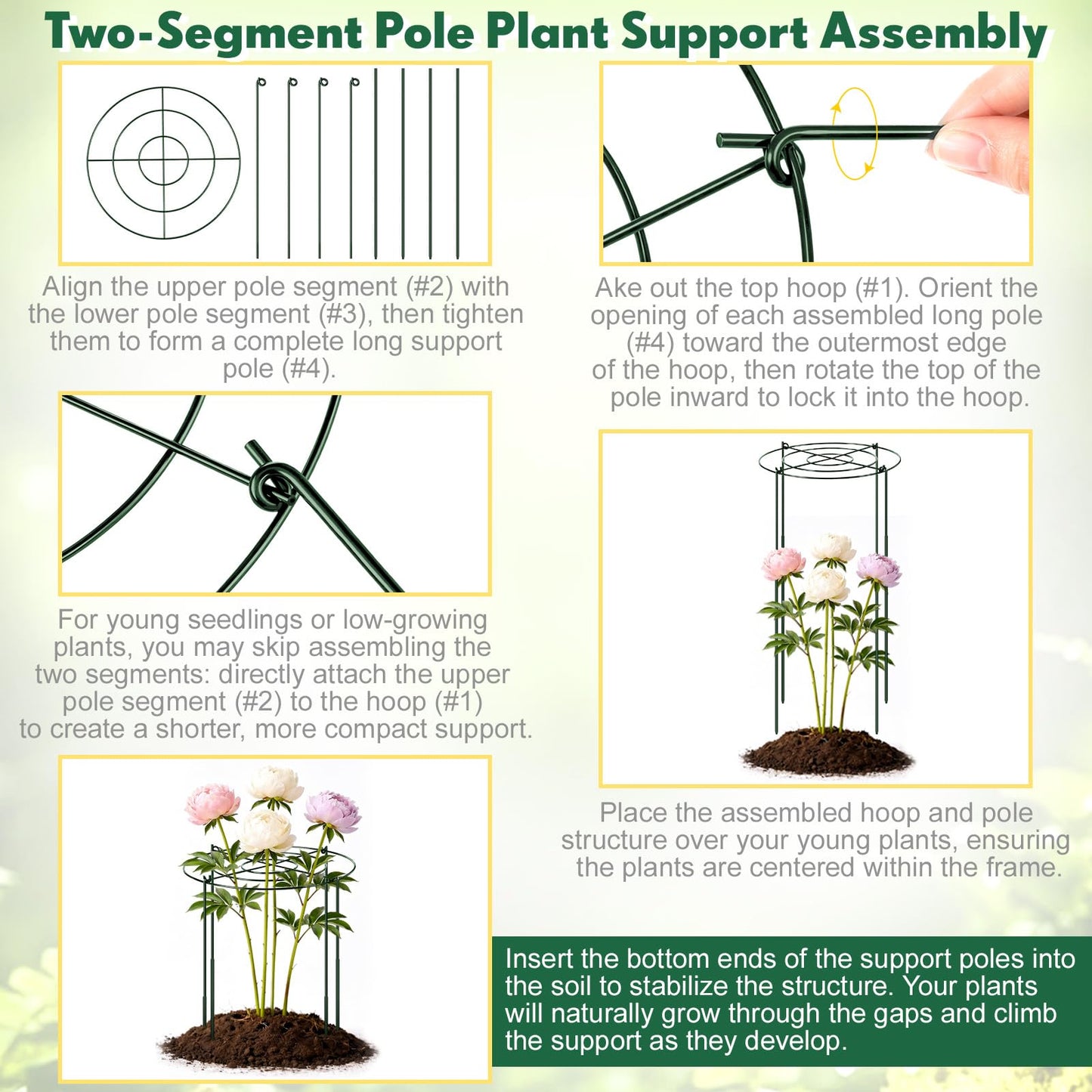 Geelin 6 Pcs Large Adjustable Peony Cages and Supports, 32 x 12 Inch / 17 x 12 Inch Metal Peony Support Cage, Large Plant Frame Rings for Garden Plants Flowers Tomato Vegetables, Height Adjustable