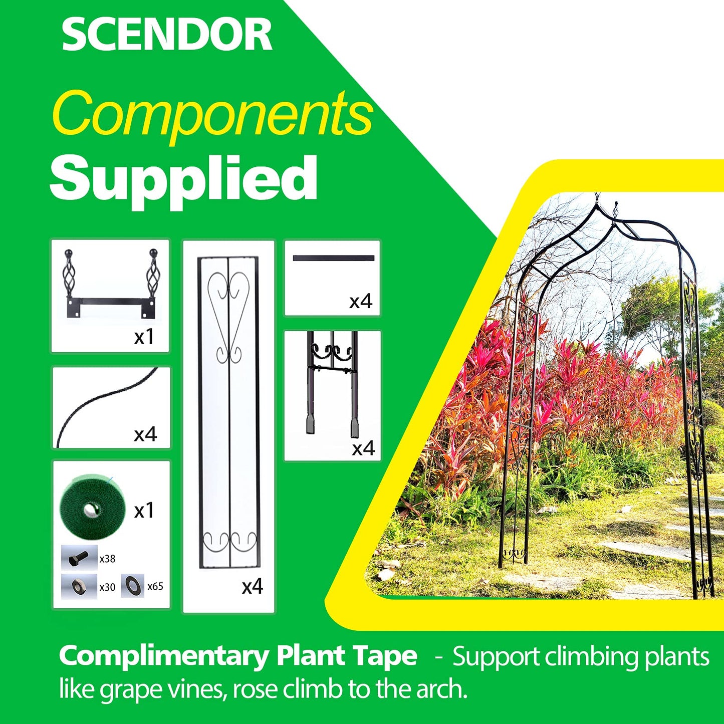 SCENDOR Garden Arch Trellis 14.2" L x 46.5" W x 98.4" H, Black Iron Arbor, Courtyard Arbor Trellis for Various Climbing Plants Rose, Outdoor Archway Wedding Ceremony Party