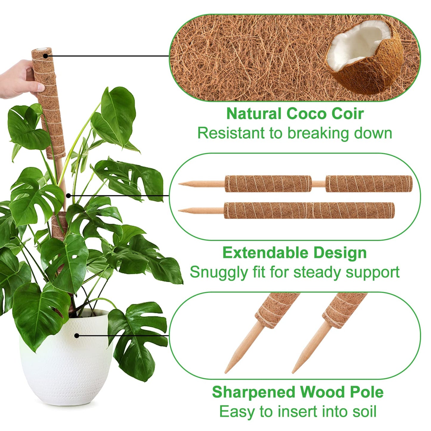 GROWNEER 42 Inch Moss Pole for Plants, 4 Pcs 15 Inch Stackable Coir Totem Support, Moss Sticks with 15pcs Labels and 78in Garden Ties, Monstera and Snake Plants Stake for Climbing Indoor