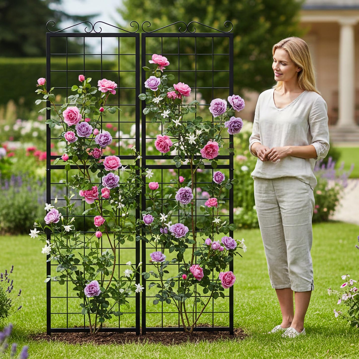 SUNYRISY 2Pack Metal Garden Trellis for Climbing Plants Outdoor, 71x20in Metal Plant Support for Flowers Tomato Cucumber Rose Vegetable Garden Courtyards Lawns Decoration, Black