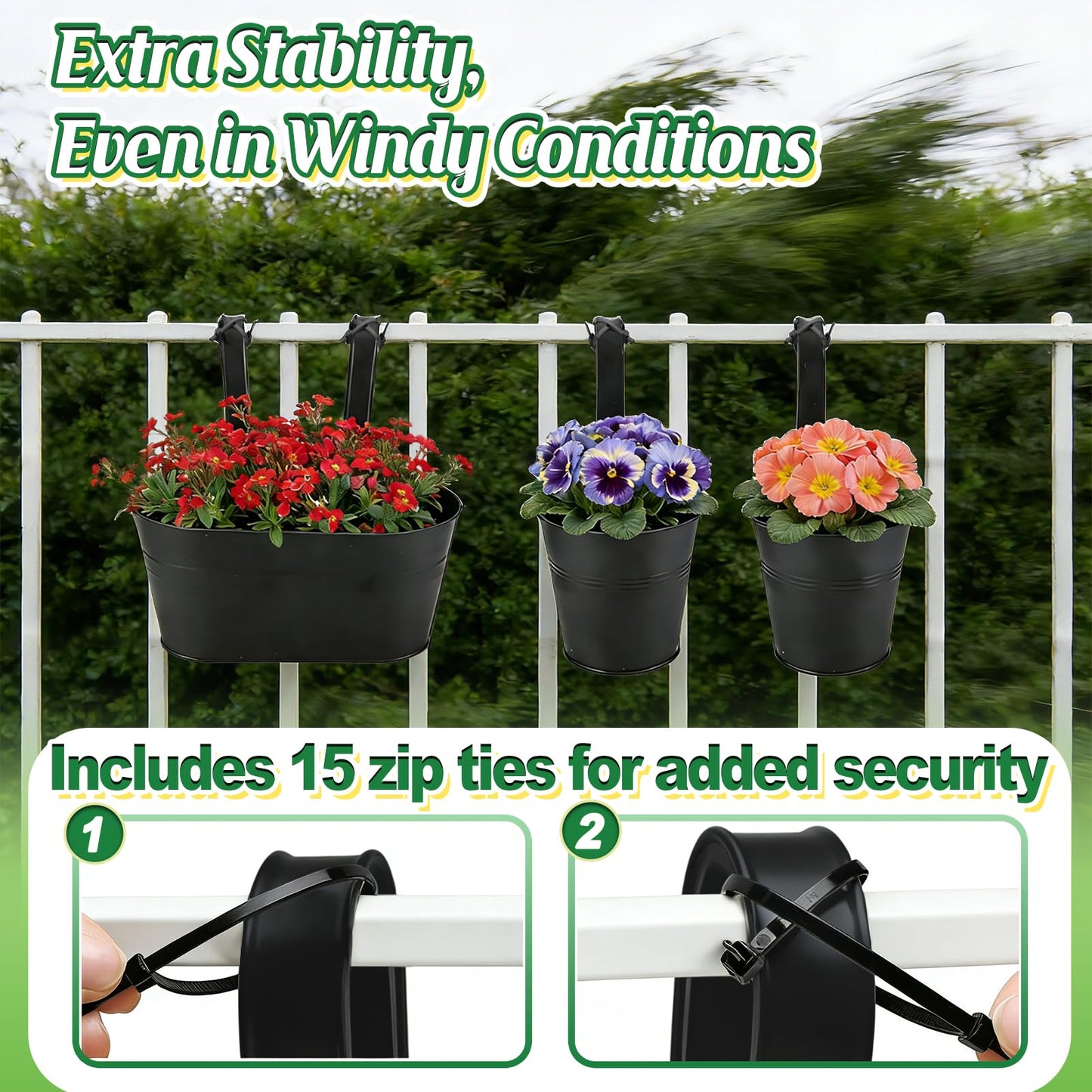 MADHOLLY Railing Planter with Drainage - 10.8" & 5.1" Bucket Pots for Balcony Railing, Metal Iron Hanging Flower Pots for Herb Planter Outdoor Deck & Rail Decor with Hook, Black (3Pcs)