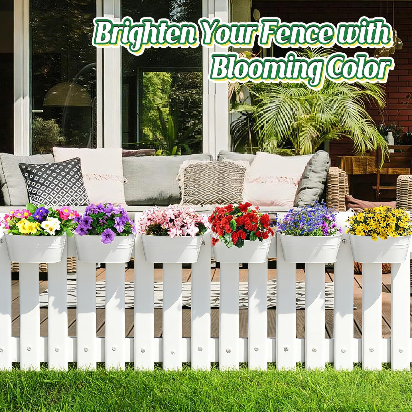 MADHOLLY Railing Planter with Drainage Holes - 6Pcs Sturdy Bucket Pots for Railing Fence, Countryside Style Metal Flower Pots for Herbs Balcony Garden Yard Decor, White