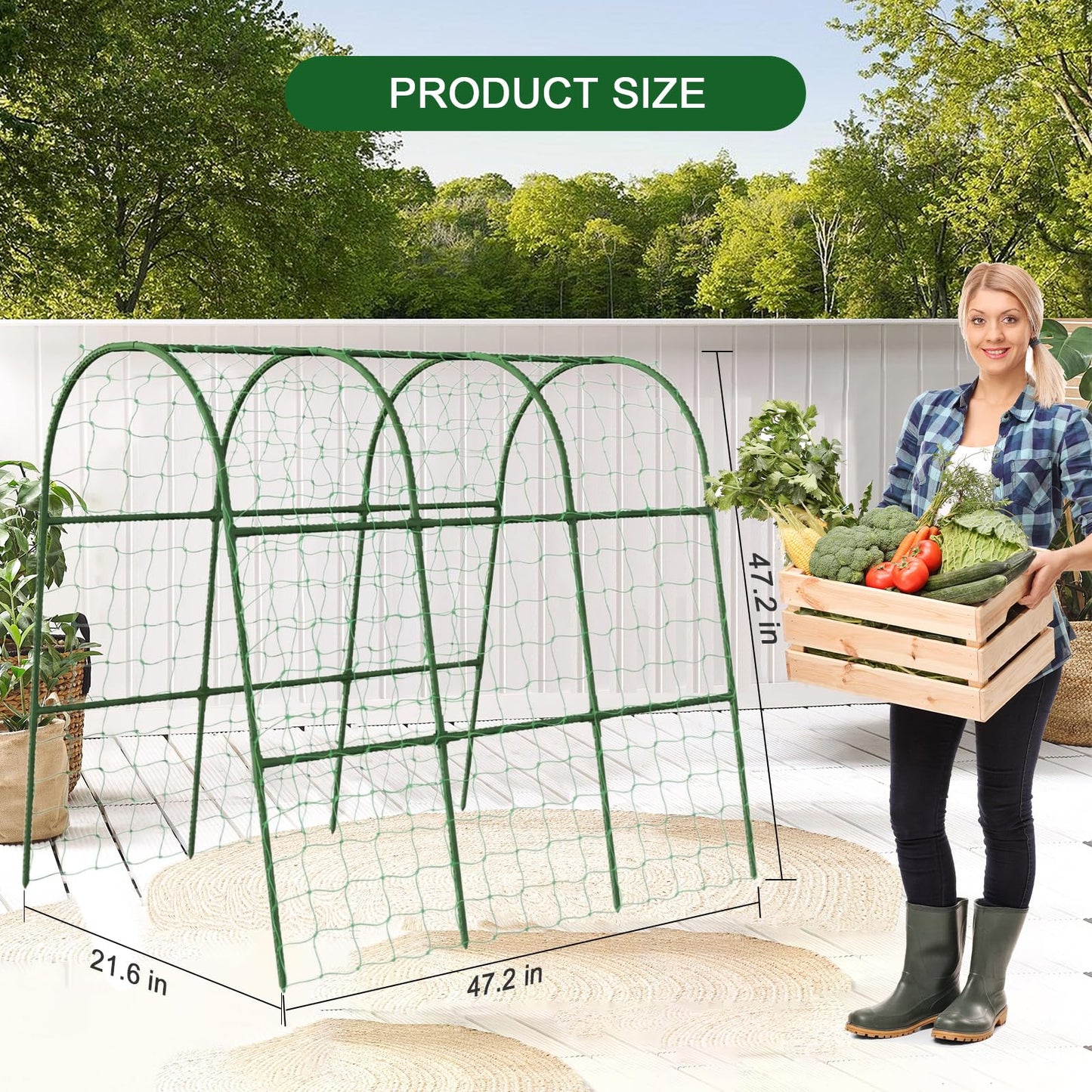 U-Shape Cucumber Trellis for Raised Bed - 47"x47"x22" Metal Garden Trellis with Net & Clips | Rust-Proof Plant Support for Cucumber, Tomato, Peas | Heavy-Duty Outdoor Climbing Plants Trellis