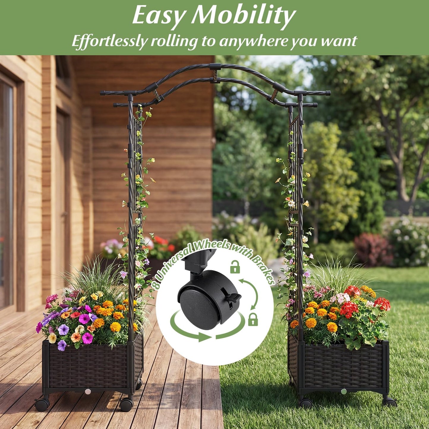 BECOMFORT Planter Box with Arch Trellis, 58”H Self-Watering Tomato Planter w/Wheels, Hanging Roof & Drainage Holes, Outdoor Indoor Raised Garden Bed for Climbing Vines, Perfect for Lawn & Backyard