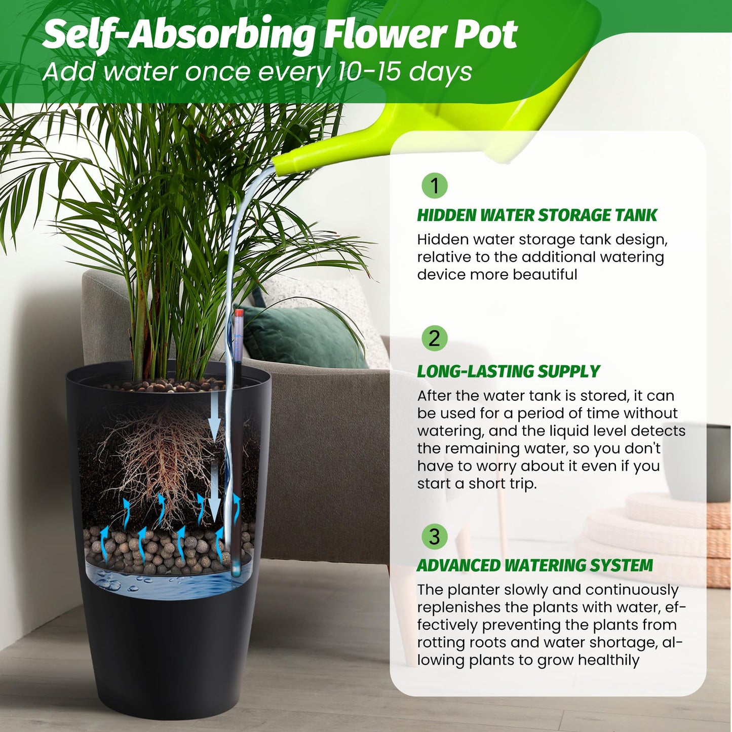 GarveeLife Set of 2 Tall Planters for Outdoor Plants, 22 in Large Planters for Outdoor Indoor Plants with Water Level Monitor ＆ Inner Bucket, Automatic Watering, for Porch, Patio, Backyard, Black