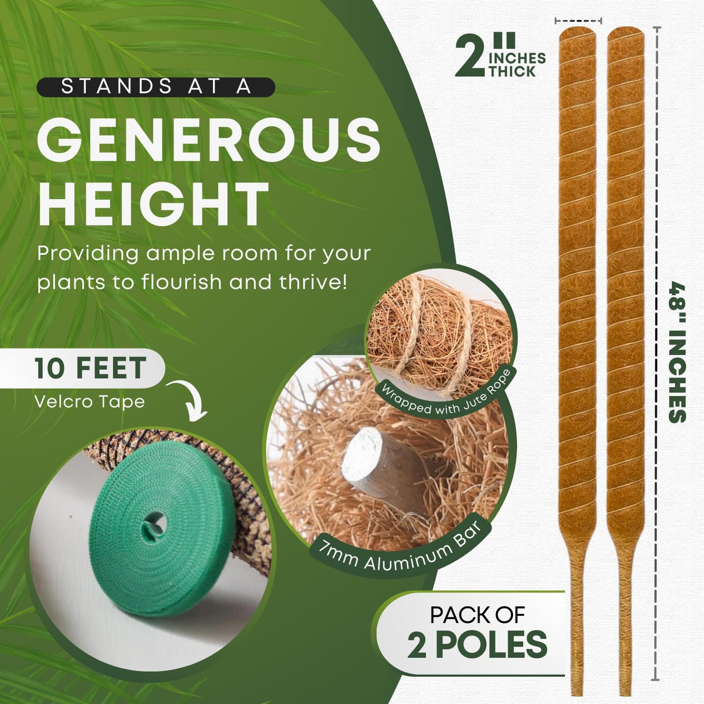 Auraville Bendable Moss Pole for Plants | 2 Pack 48 Inch Tall Moss Pole Monstera Plant Support | Large Poles for Climbing Plants | Handmade Coco Coir Plant Pole Sticks for Pothos