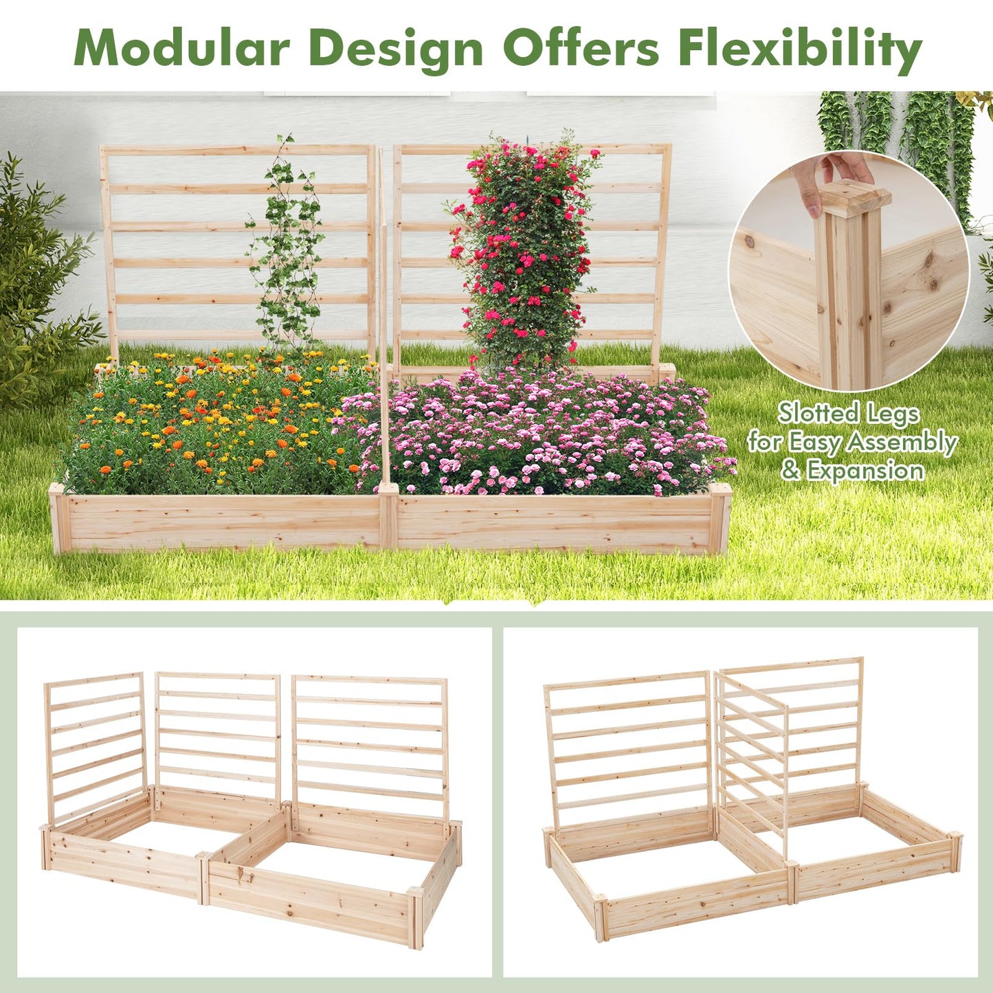 HAPPYGRILL Raised Garden Bed with 3 Trellises, Outdoor Wood Raised Bed w/ 2 Planter Boxes for Flowers, Vegetables, Fruits Climbing Vines, Elevated Garden Box for Yard Patio, 88" L x 45" W x 43" H