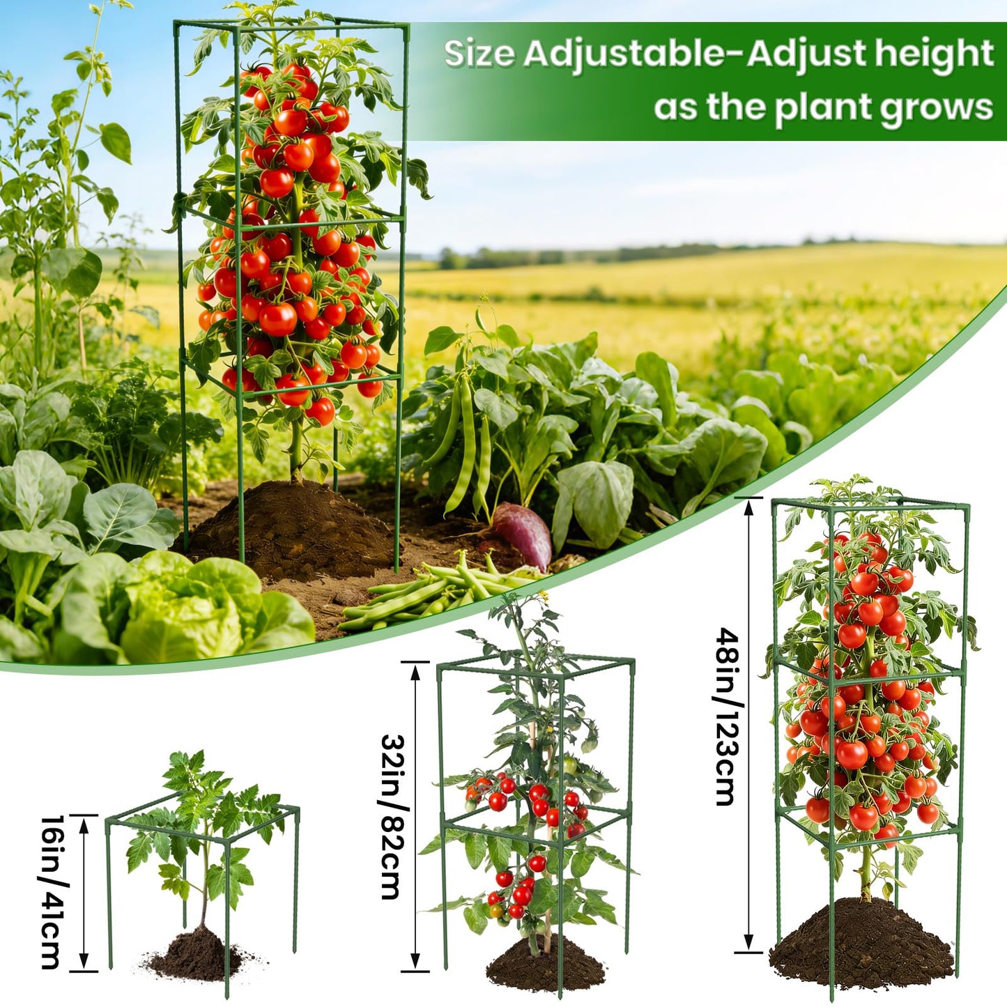 5 Pack Tomato Cages, 48'' Tall Tomato Plant Stakes Support for Raised Garden Bed Tomato, Square Trellis Cages for Garden Climbing Vegetables Flowers Fruits