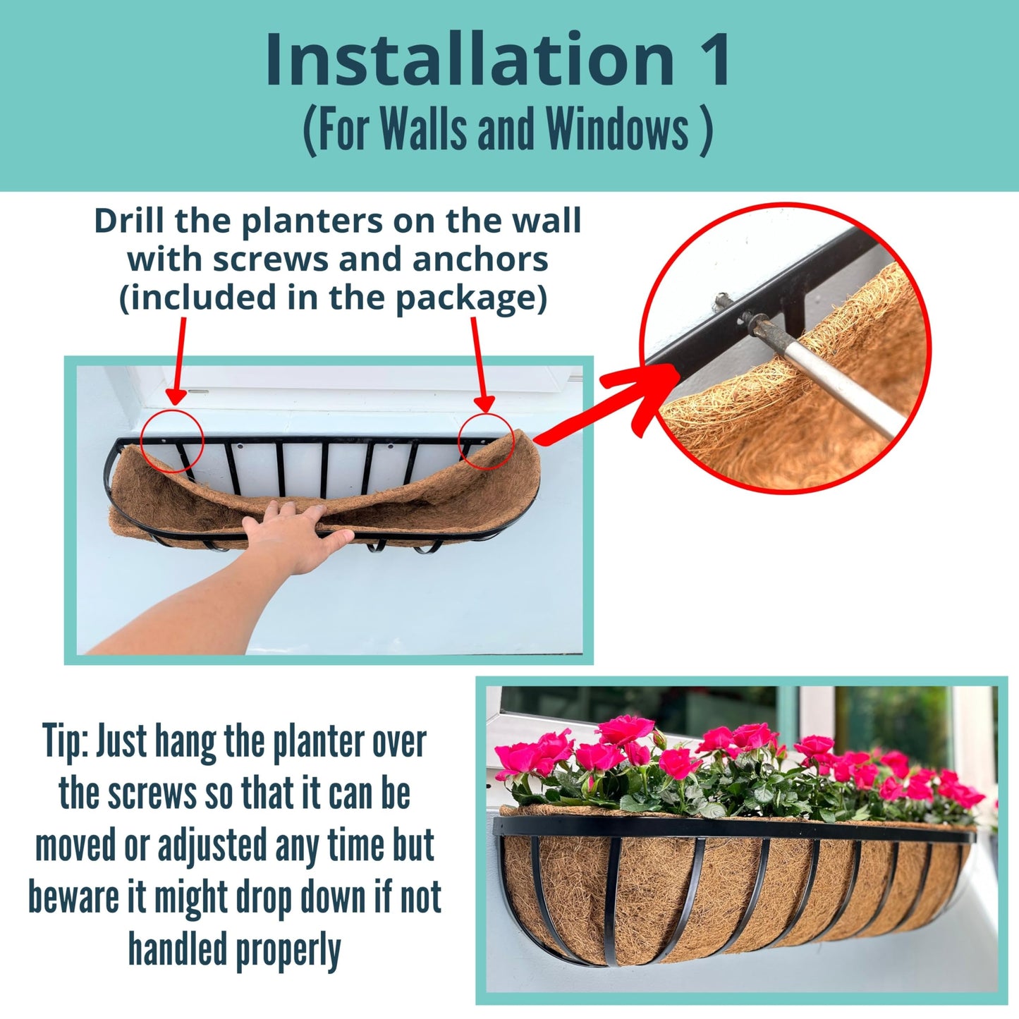 LaLaGreen Outdoor Wall Planter - 6 Pack, 30 Inch Large Metal Basket with Coco Liner, Long Window Flower Box Deck Railings Hanging Horse Trough Balcony Plant Pot Garden Fence Balcony Patio Rail