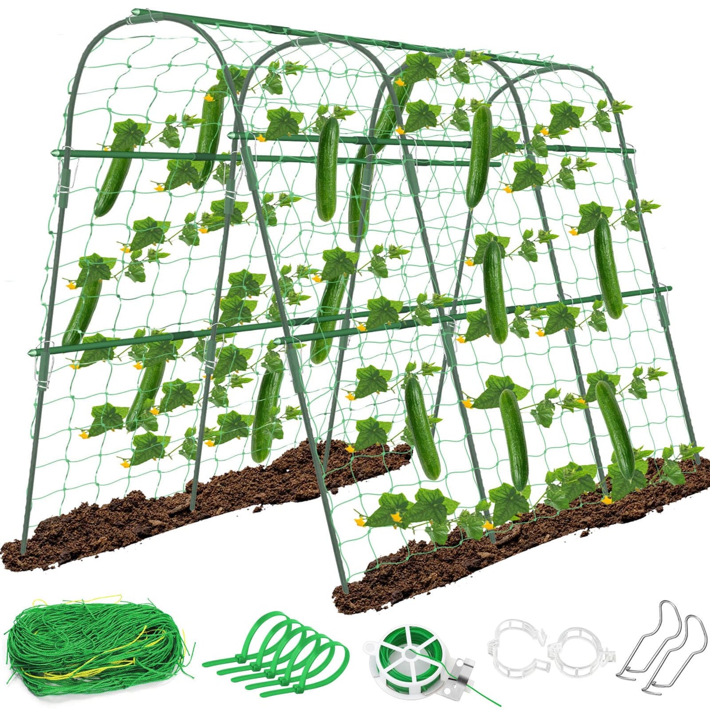 Tetutor Cucumber Trellis for Raised Beds, 63 x 45 Inch U-Shaped Garden Trellis for Climbing Plants Outdoors with Climbing Net, Metal Detachable Arch Plant Support Vegetable Trellis