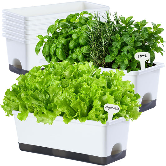 Oliz Window Box Planter 8 Pcs, 17 Inches Rectangle Flower Pots with Drainage Holes & Trays, Vegetable Planters for Windowsill Patio Garden Balcony Home Indoor Outdoor (White, 16 * 7 * 6 inch)