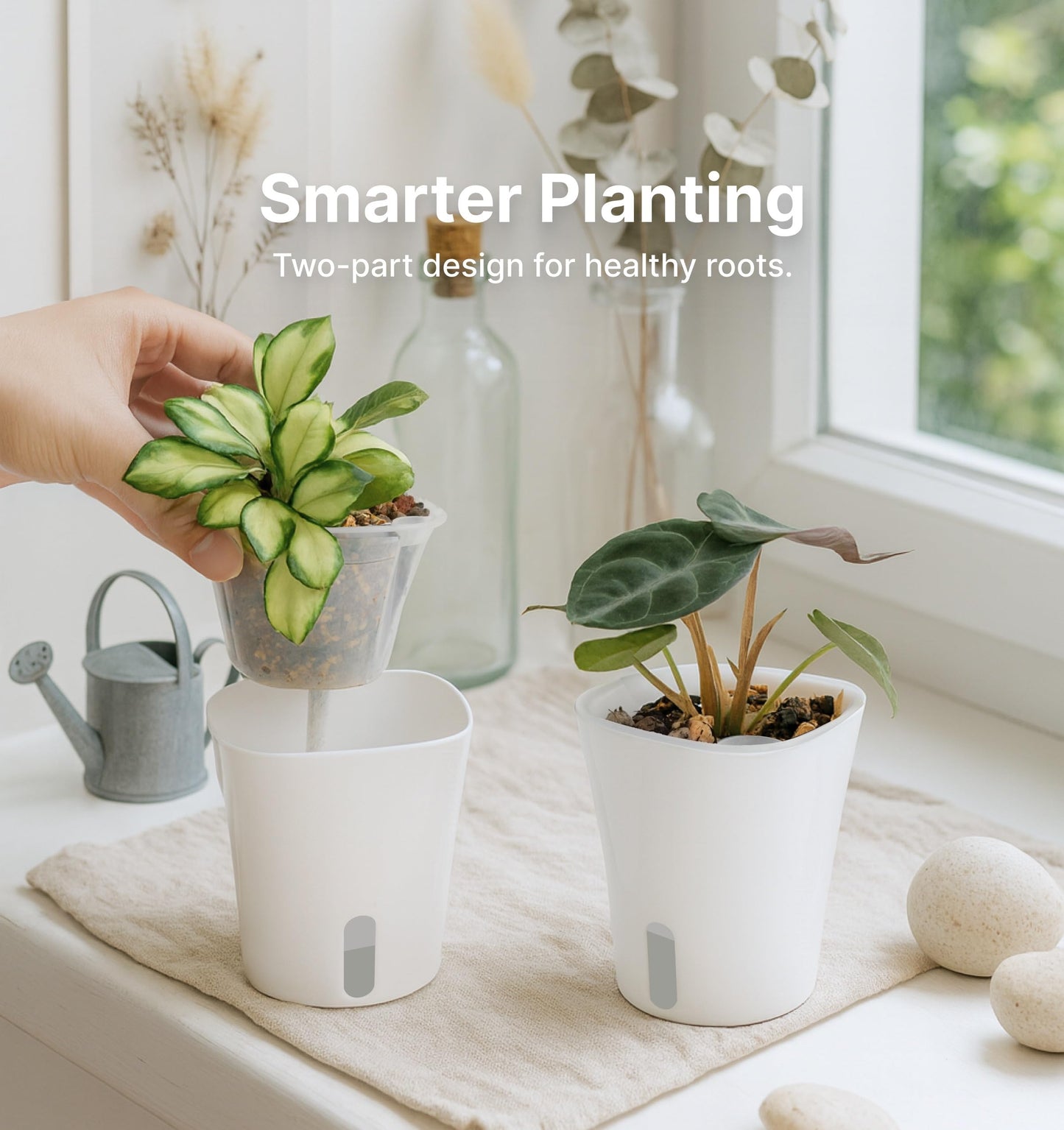 Vandorelle 10 Pack 3" Self Watering Pots for Indoor Plants, Clear Inner Cup, Small White Plastic Planters, Water Level Indicator, Drainage Holes, Extra 3ft Wick, Cuttings,Seedlings,Herb,African Violet