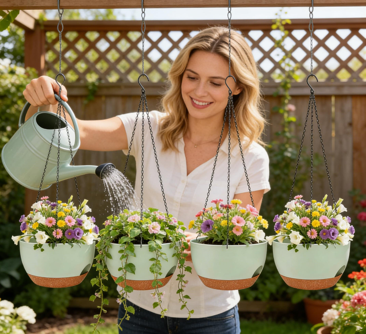 zople Set of 2-8 Inch Self Watering Hanging Planters for Indoor Outdoor，Hanging Plant Pots with Drainage & Removable Tray, Hanging Pots Holder for Ivy, Pothos, Ferns, Balcony & Patio, Green Brown