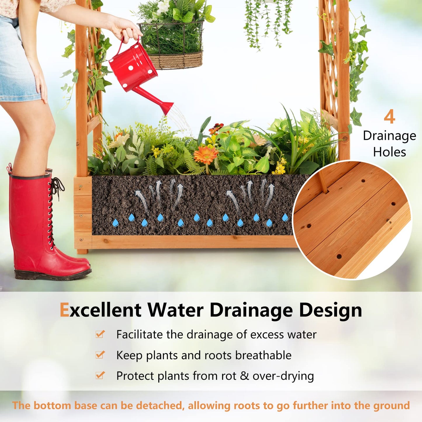LDAILY Raised Garden Bed with Trellis, Above Ground Garden Bed with Hanging Roof, Side Trellis, & 4 Drainage Holes, Planter Box for Outdoor Climbing Plants Vines Flowers (1, 43.5"L x 17.5"W x 44.5"H)