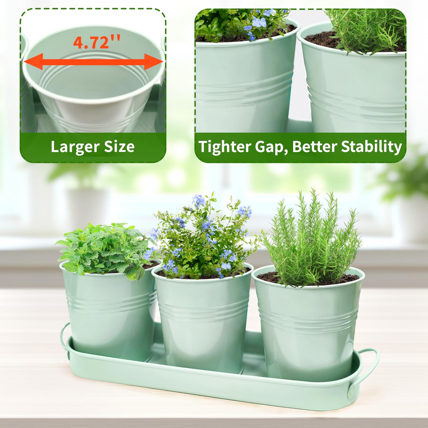 SORANGEUN Metal Herb Garden Planter Set with Tray, 3-Pack Green Zinc-Coated Windowsill Plant Pots with Drainage Holes & Handles for Indoor Outdoor Kitchen Garden