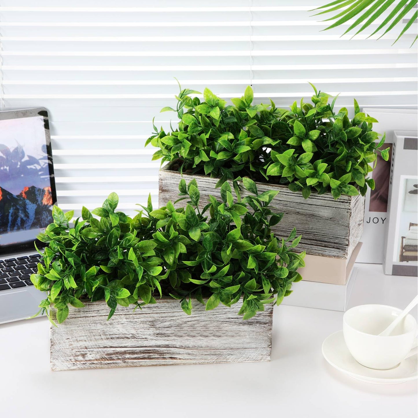 Lyrow 2 Pack Artificial Eucalyptus Plants in Rectangular Rustic Wooden Planter Box Faux Potted Herb Plant Greenery Centerpiece for Cabinet Windowsill Table Shelf Wedding Farmhouse Decor (White,11.4'')