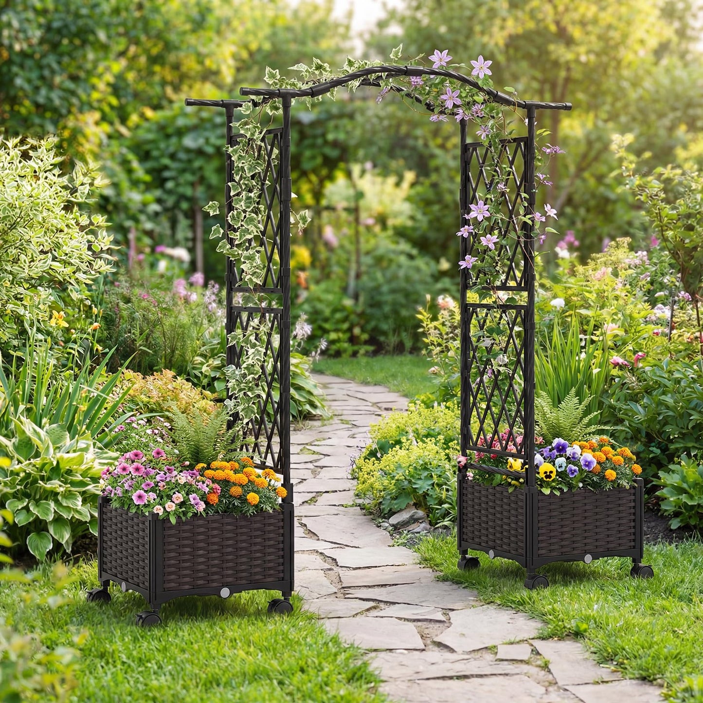 BECOMFORT Planter Box with Arch Trellis, 58”H Self-Watering Tomato Planter w/Wheels, Hanging Roof & Drainage Holes, Outdoor Indoor Raised Garden Bed for Climbing Vines, Perfect for Lawn & Backyard