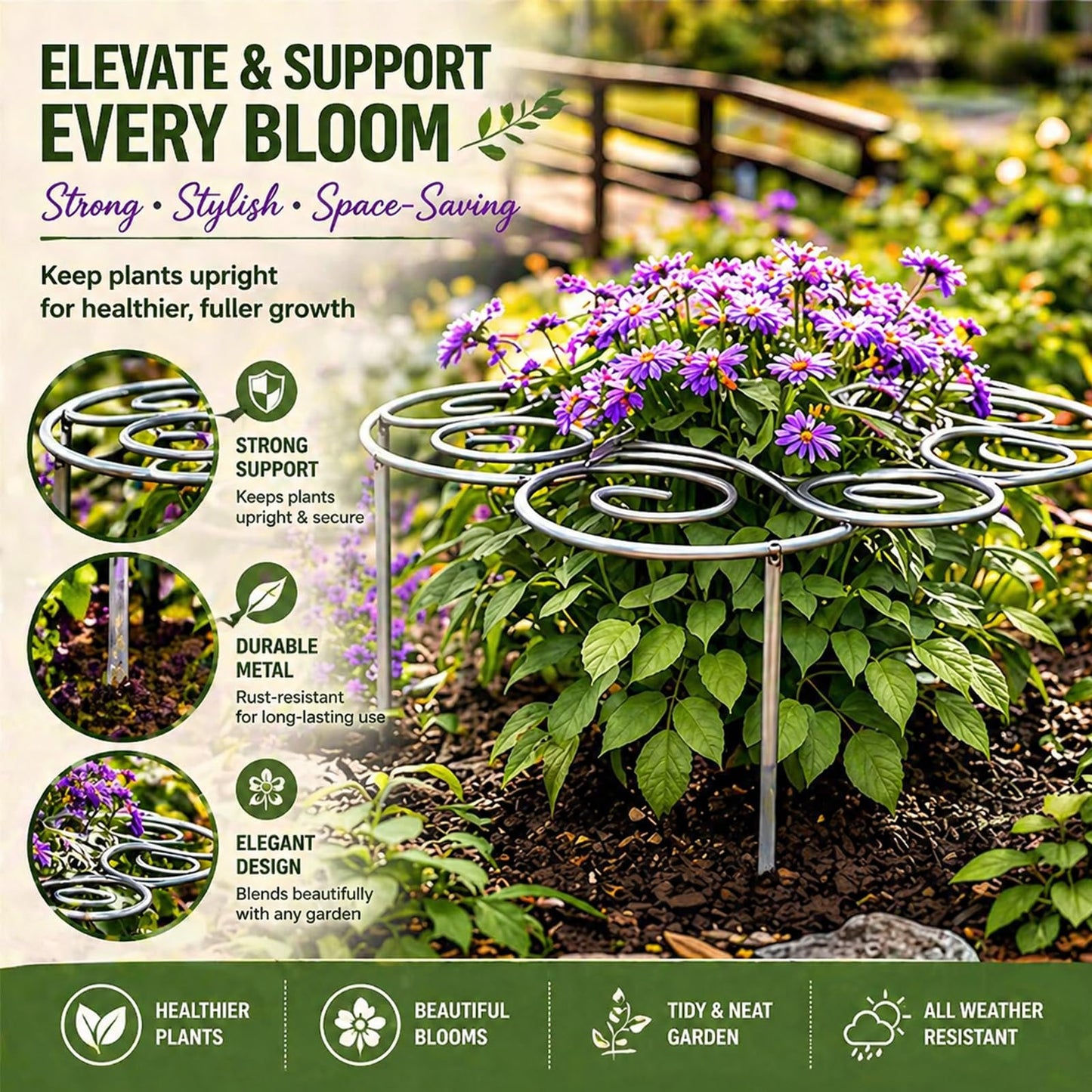 2026 Metal Plant Support Ring, Garden Plant Support Stakes, Peony Cage Stand, Indoor Pots, Flower Hoop, Decorative Grow Through Rings, Stackable Houseplant Stake, Outdoor Orchid Clip (M-2)