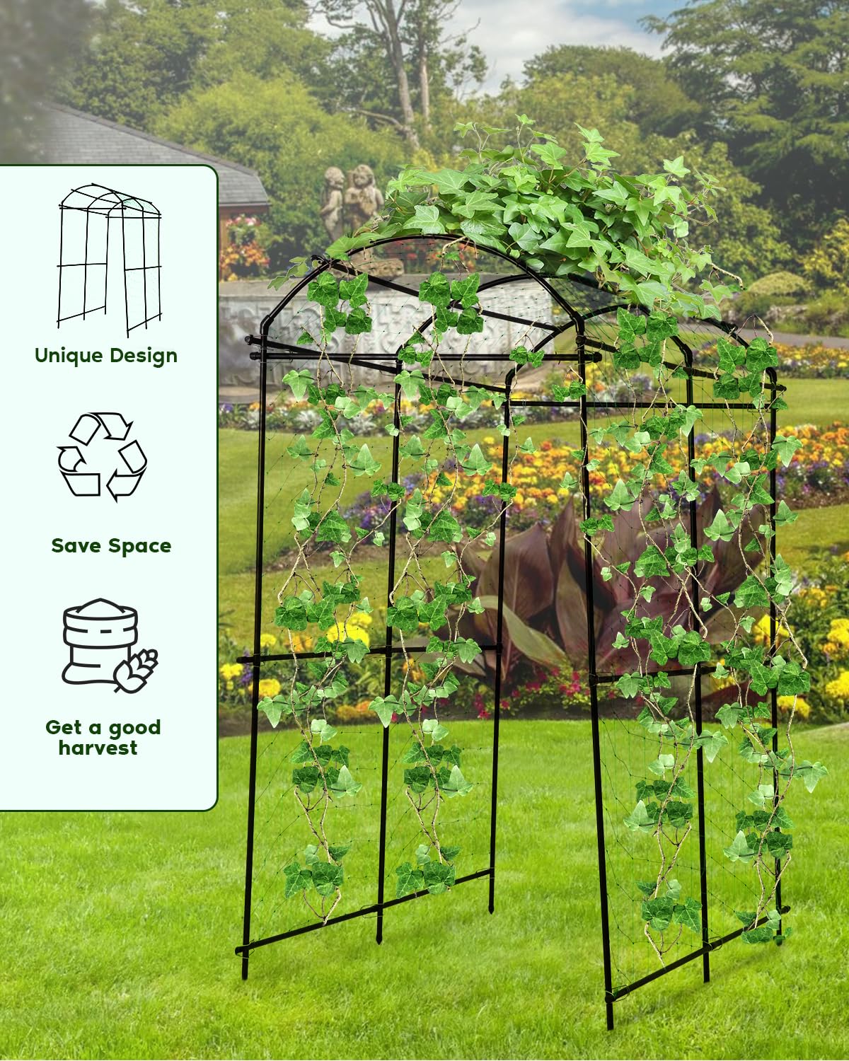 Dollate Garden Arch Trellis 7FT, Thickened Steel Frame Garden Trellis for Climbing Plants, Adjustable Width 3-4.3 FT Cucumber Trellis for Raised Bed, Vegetable Fruit Flower Vine