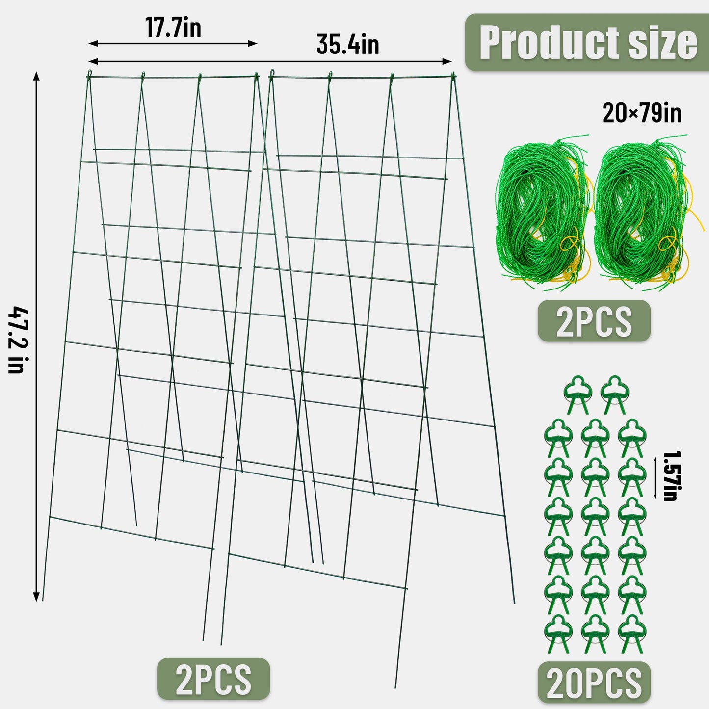 warmfarm Pack 2 Heavy Metal Garden Trellis for Climbing Plants with Trellis Netting & Garden Clips, A-Frame Cucumber Trellis for Raised Bed