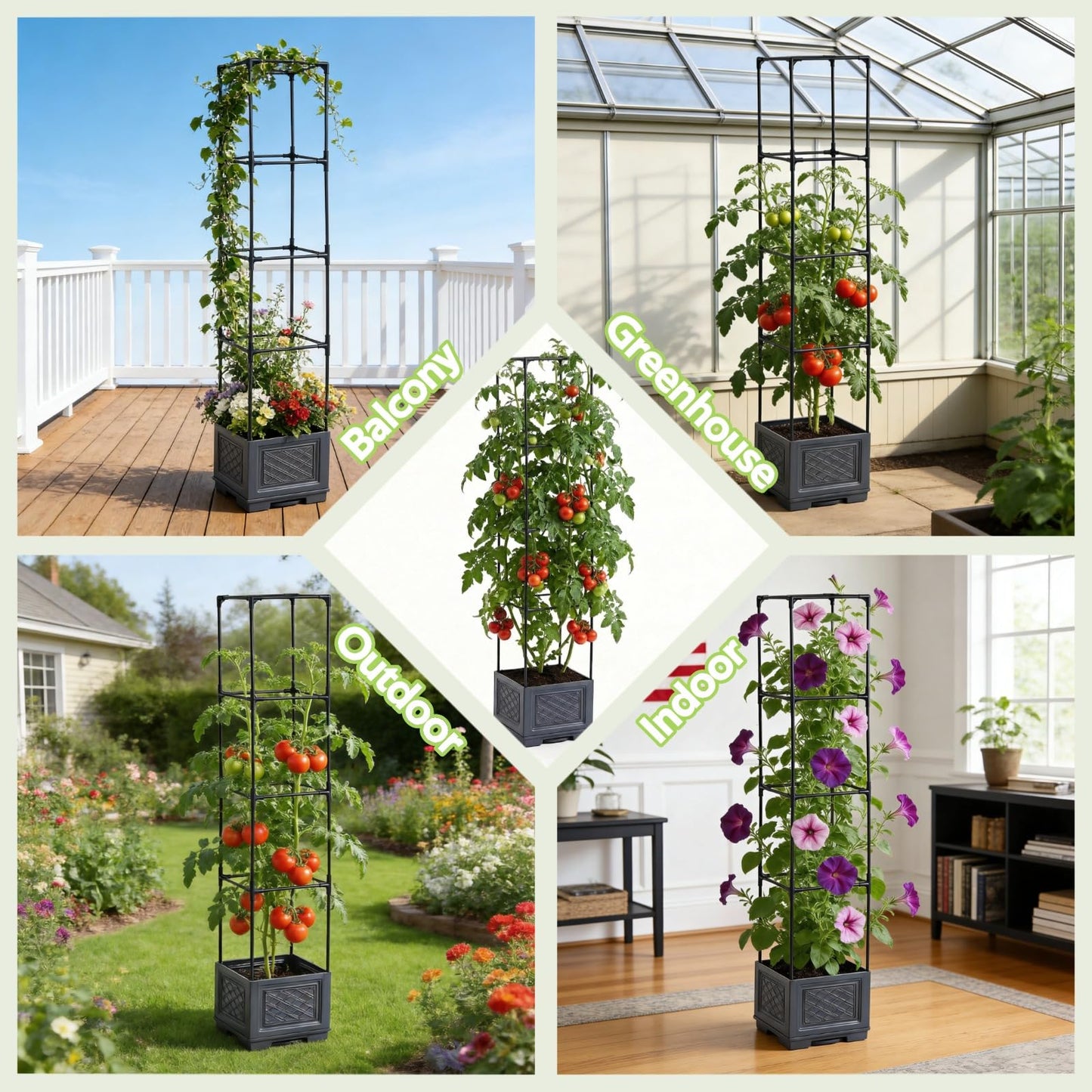 Jesosia Tomato Planter Box with Trellis - Self-Watering Rolling Raised Garden Bed with Tomato Cages for Climbing Plants - Tomato Pots with Cage Plant Support for Flower Vegetable Vine Indoor Outdoor