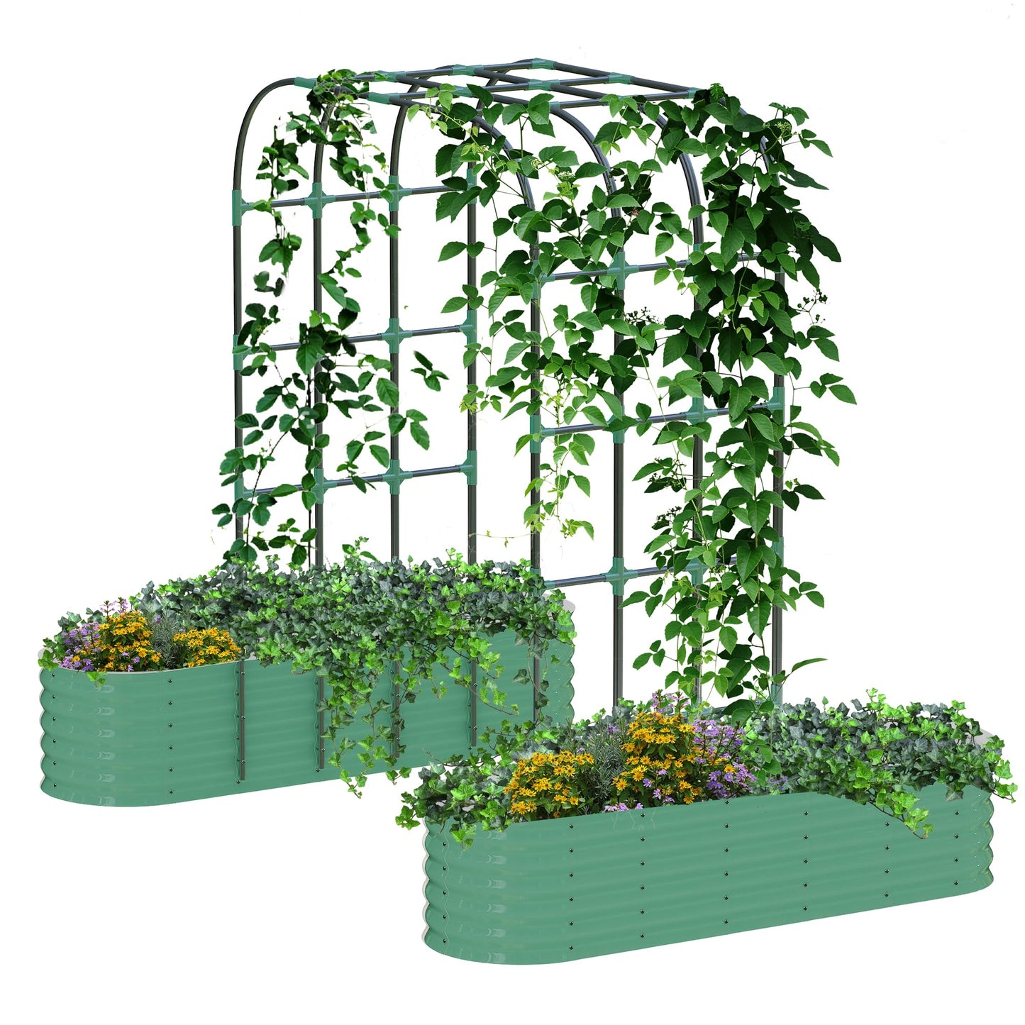Galvanized Raised Garden Bed with 96" Tall Vertical Arch Trellis – Expandable Rust-Resistant Planter Box for Outdoor Plants, Flowers, Herbs & Vines – Includes Plant Clips, Drainage Netting,Green