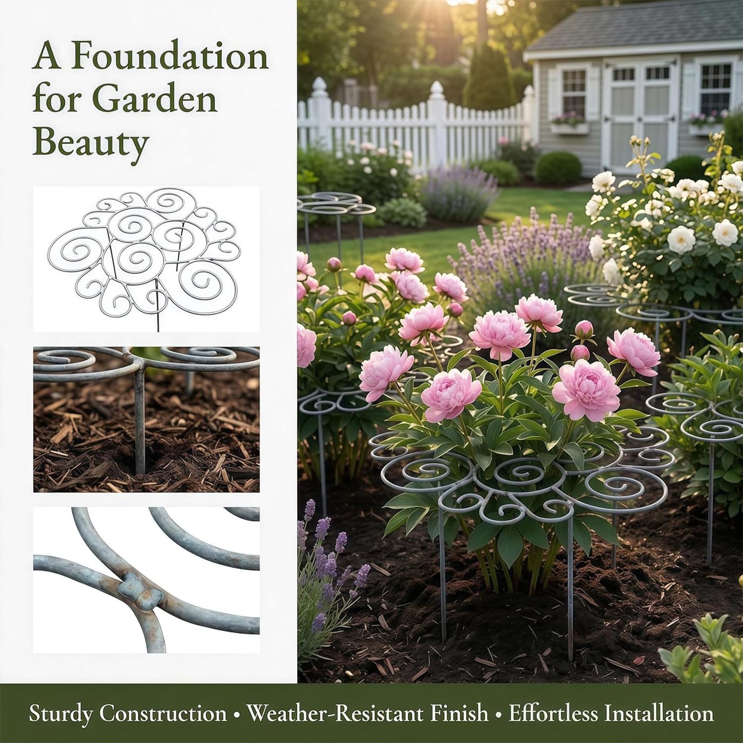 Metal Plant Support Ring for Peony Cages & Garden, Heavy Duty Metal Flower Stakes for Upright Growth, Decorative Grow Through Rings for Peonies, Roses, Hydrangeas, Tomatoes (2pcs, S)