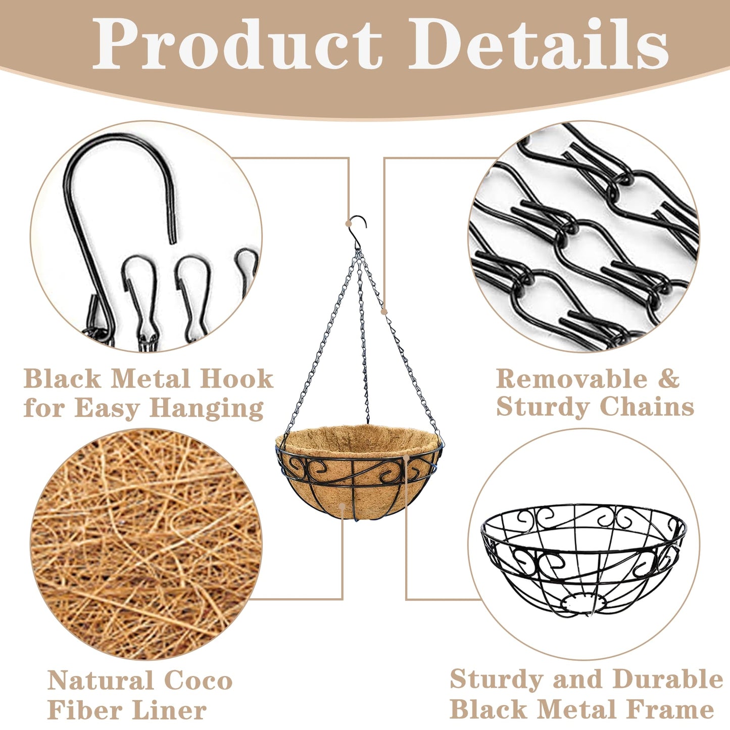 EIMQUVW Outdoor Metal Hanging Planters Basket (4pack, 14 inch) Hanging Baskets for Plants Chain Round Wire Plant Holder with Coco Fiber Liners for Garden, Patio, Deck, Porch(Flower Border)