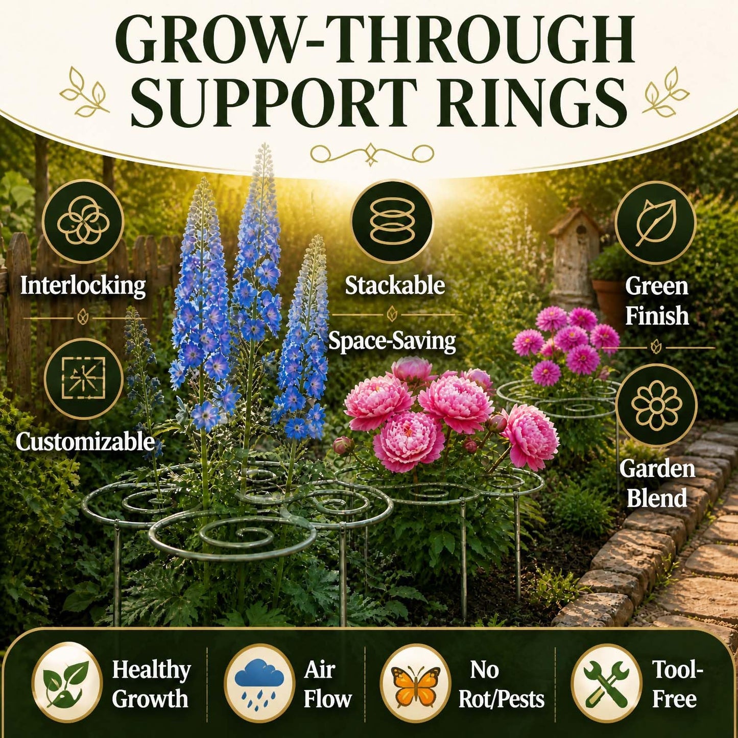 Peony Cages and Supports,Rustproof Weather-Resistant Metal Plant Support Stakes for Indoor Outdoor Garden Lawn Patio,Half-Round Grow Through Cage Ring for Peony,Hydrangea,Rose,Tomato (Small)