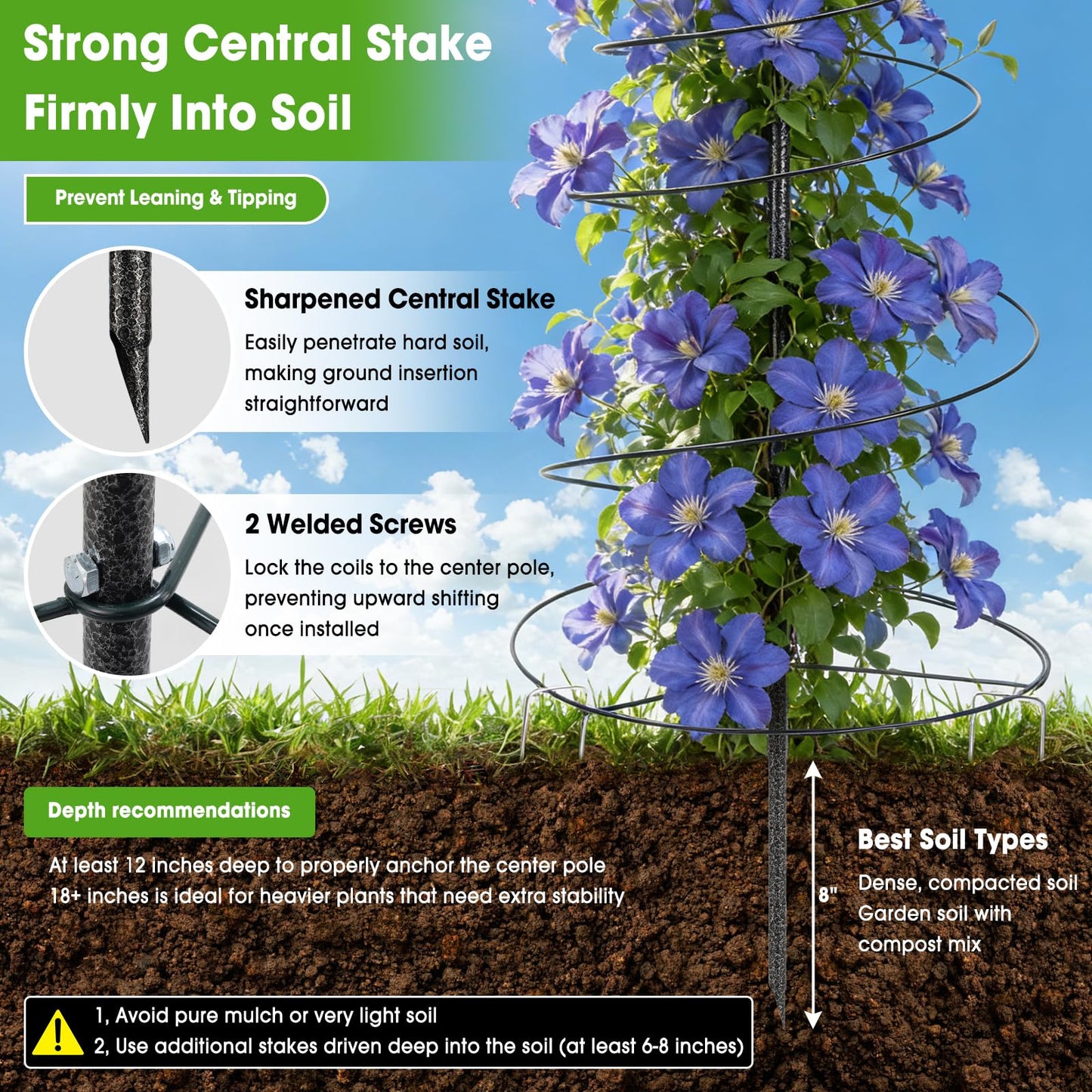 Trellis for Climbing Plants, 2PCs 75” Metal Spiral Frame Pea Trellis with Center Pole, Adjustable Vine Plant Tower Supports for Outdoor Beans,Cucumbers,Vegetable,Flowers,Pots,Garden Raised Bed,12” Dia