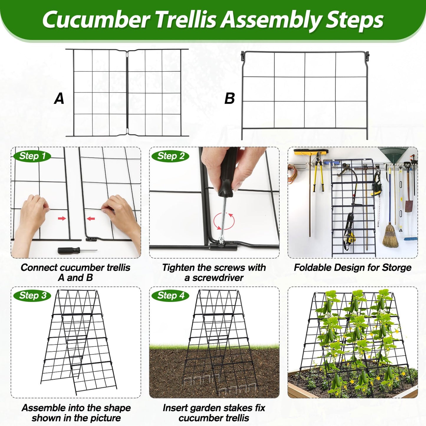 2 Packs Cucumber Trellis for Raised Bed 42 x 16 A Frame Metal Adjustable Garden Trellis for Climbing Plants Outdoor, Foldable Coated Steel Easy Install Cucumber Trellis for Vegetable Fruit Flower
