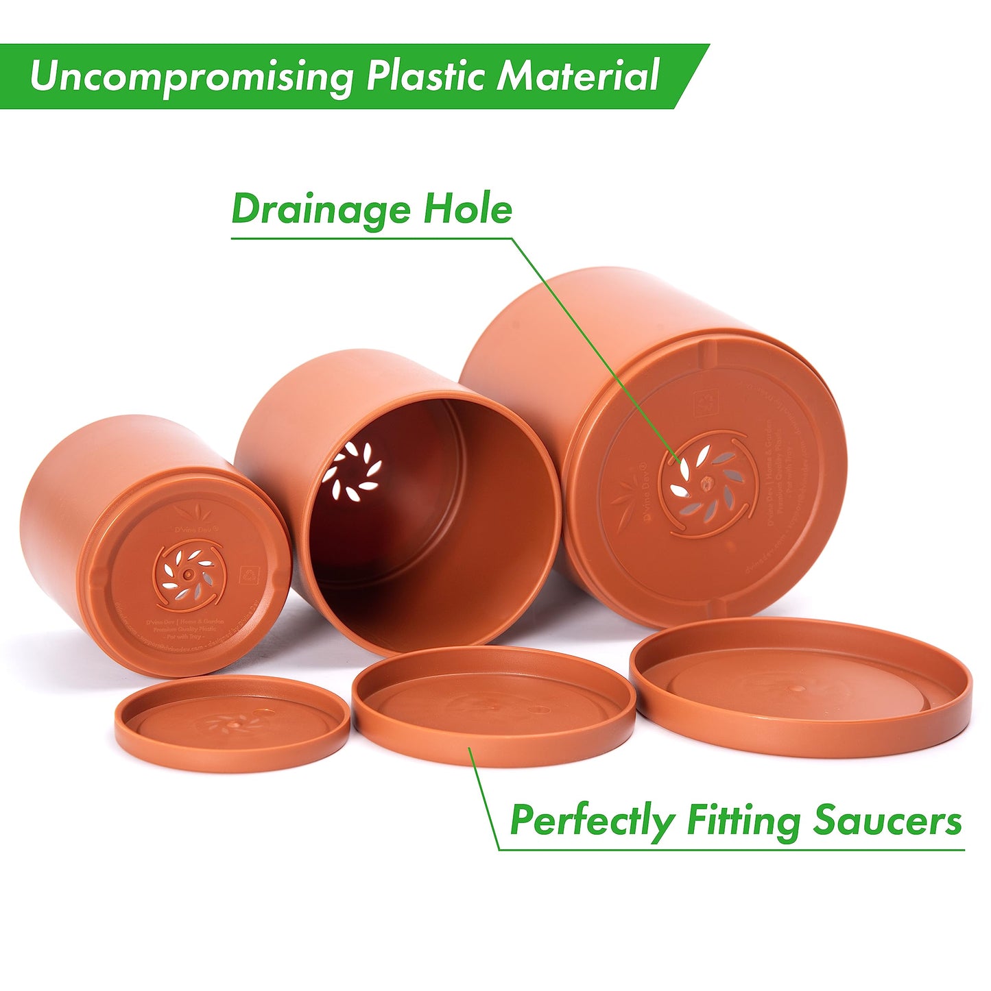 D'vine Dev 4 Inch 5 Inch 6 Inch, Set of 3 Plastic Planter Pots for Plants with Drainage Hole and Seamless Saucers, Terracotta Color, Small, 74-V-C-1