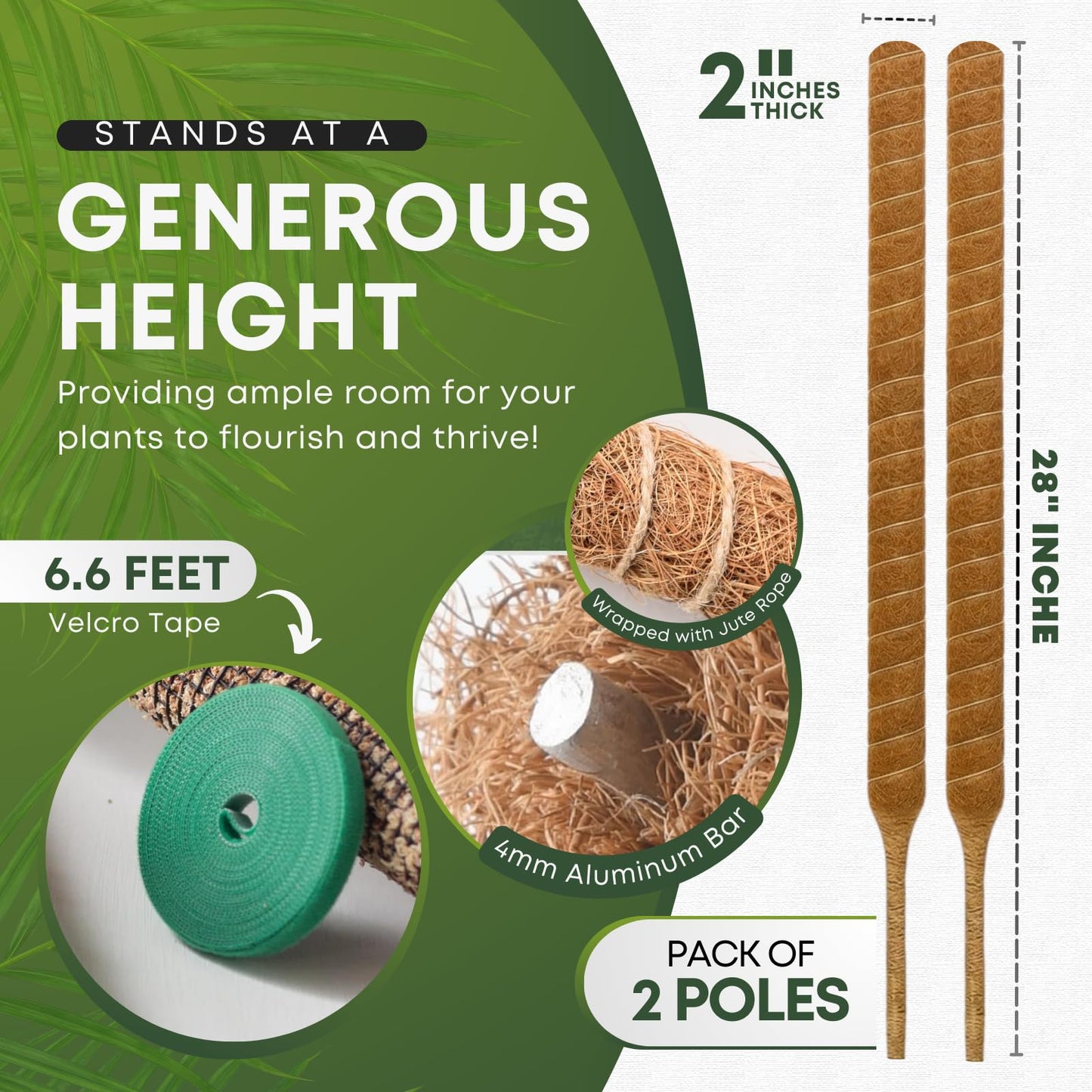 Auraville 28 Inch 2 Pack Bendable Moss Pole Monstera Plant Support | Plant Stakes for Indoor Plants | Coconut Fiber Moss Poles for Climbing Plant| Handmade Coco Coir Plant Sticks for Potted Plants