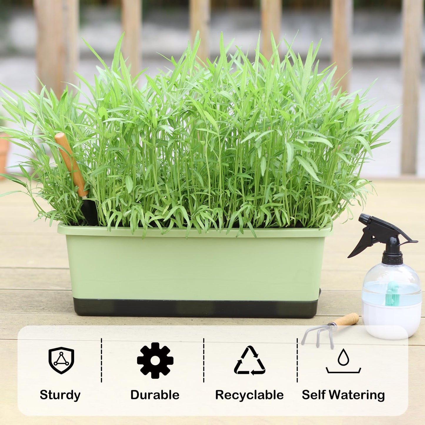 Oliz Window Box Planter 8 Pcs, 17 Inches Rectangle Flower Pots with Drainage Holes & Trays, Vegetable Planters for Windowsill Patio Garden Balcony Home Indoor Outdoor (Light Green, 16 * 7 * 6 inch)