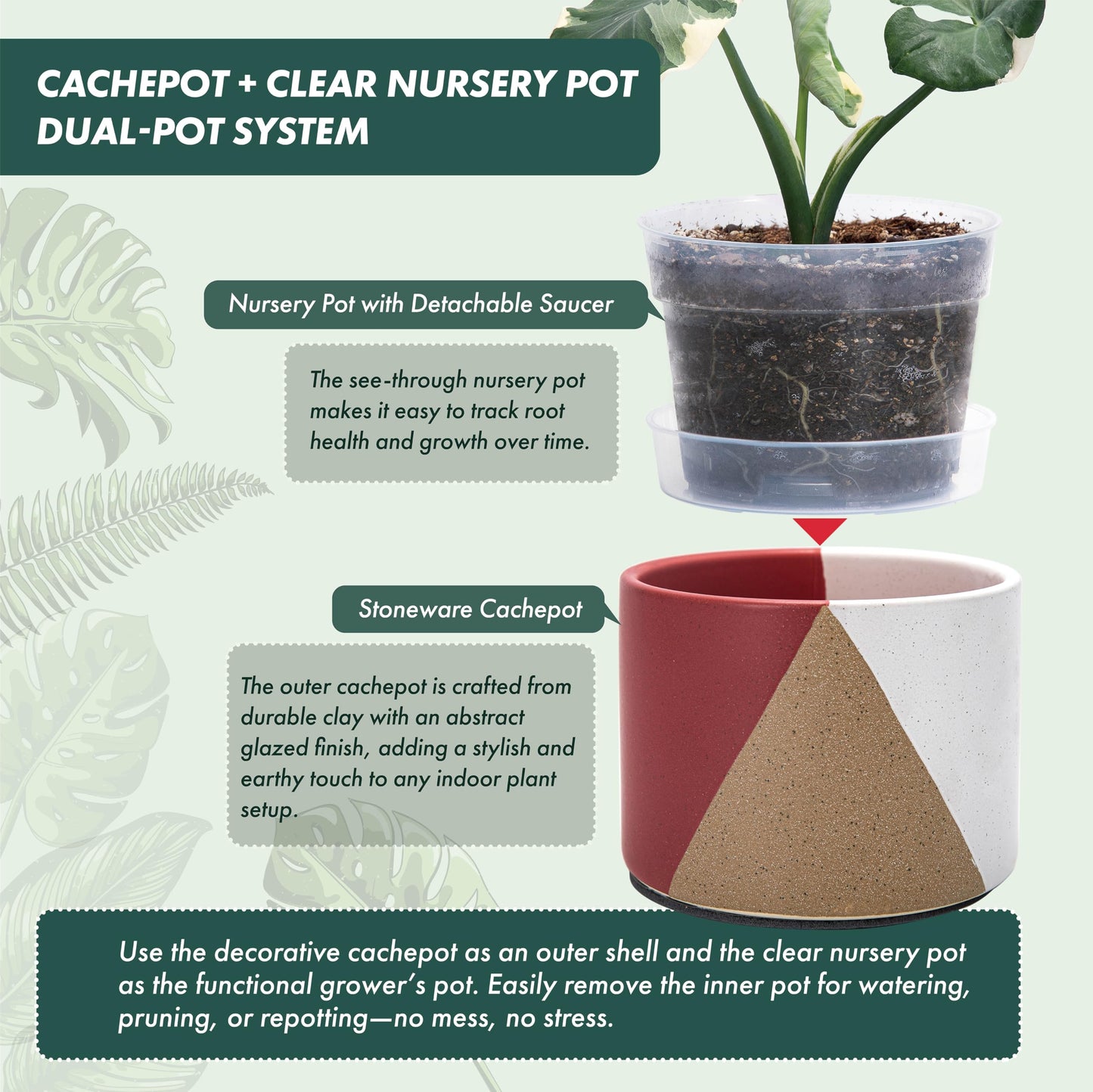 D'vine Dev 6.5" Stoneware Cachepot Planter with 6" Low Clear Nursery Pot & Detachable Saucer – Modern Indoor Plant Pot with Drainage for Bottom Watering & Root Visibility, Crimson Dune, 93-O-D-4
