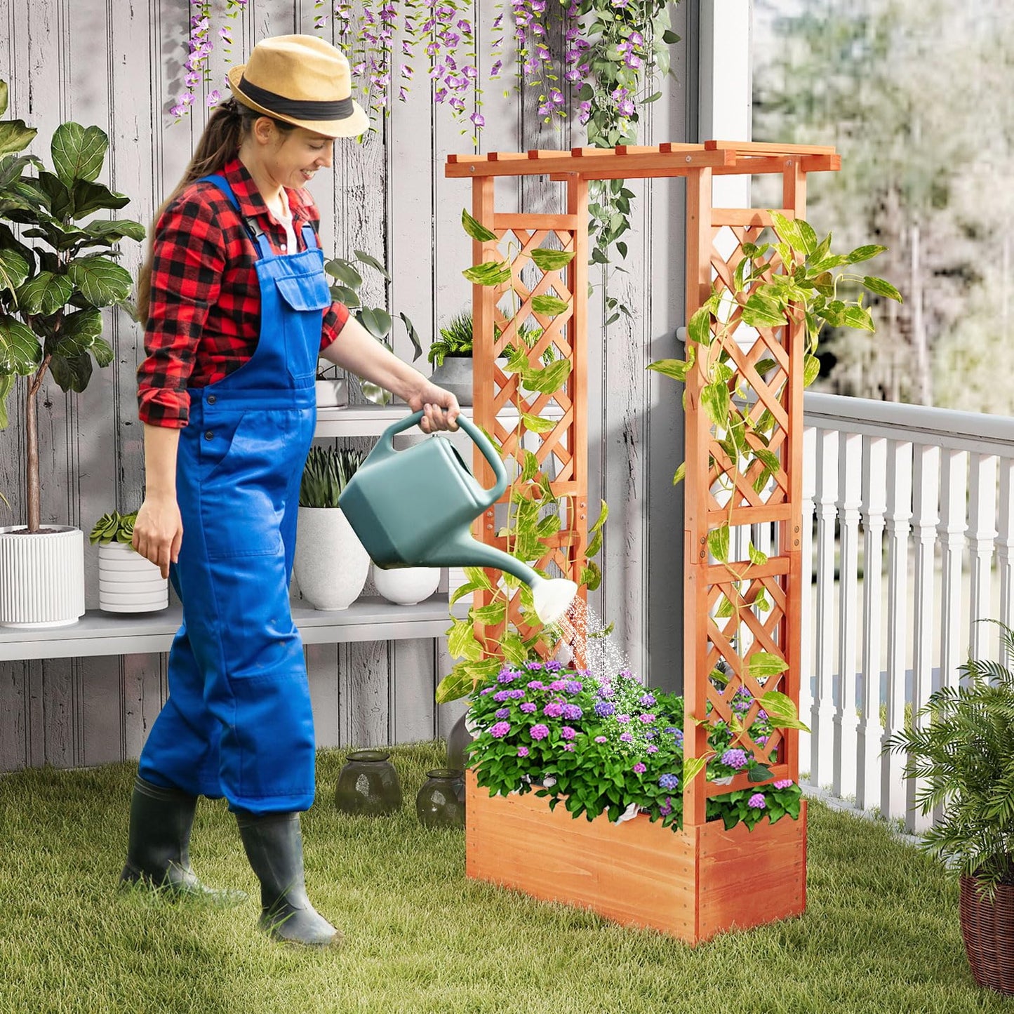 LDAILY Raised Garden Bed with Trellis, Above Ground Garden Bed with Hanging Roof, Side Trellis, & Drainage Holes, Planter Box for Outdoor Climbing Plants Vines Flowers (2, 31" L x 14" W x 60" H)