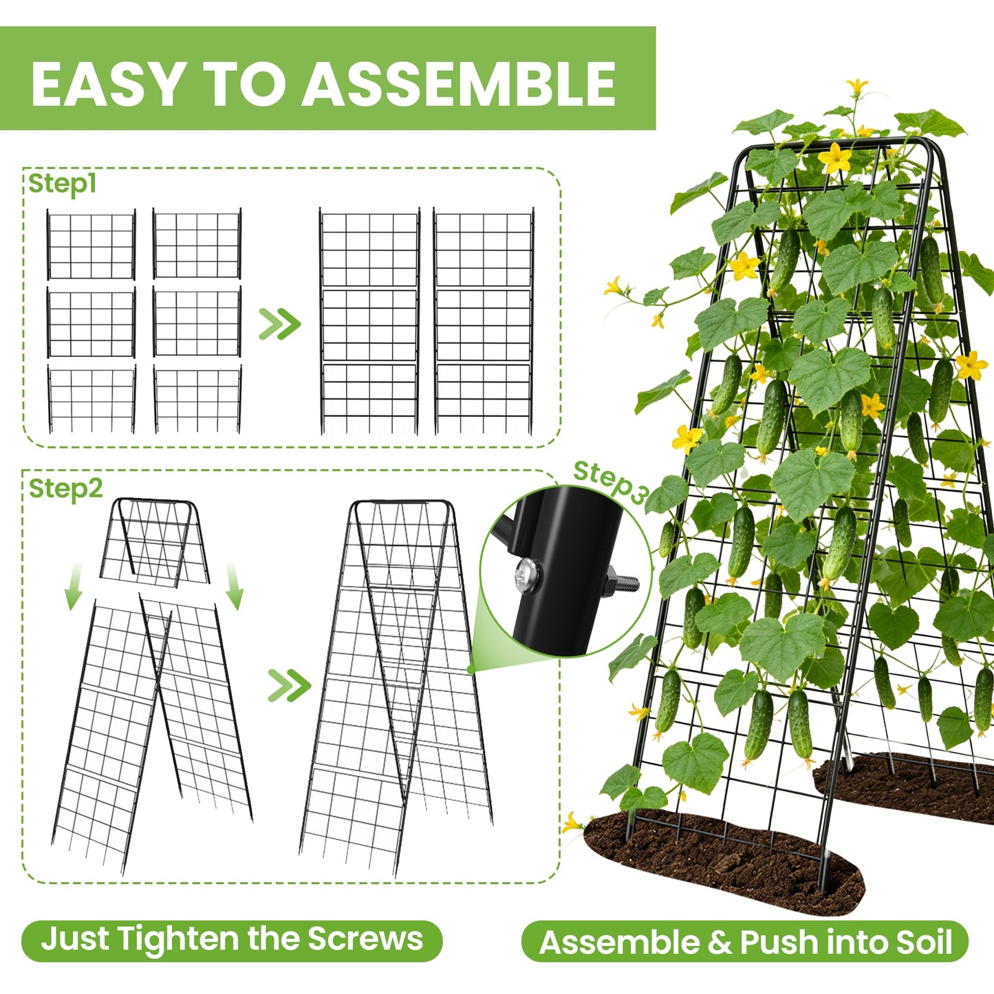 Garden Trellis for Cucumbers, 50” x 16“ Adjustable A-Frame Plant Support for Climbing Plants Outdoor, Vegetable, Flowers, 2 Pack Heavy Duty 1cm Metal Vegetable Trellis for Backyard, Raised Bed, Patio